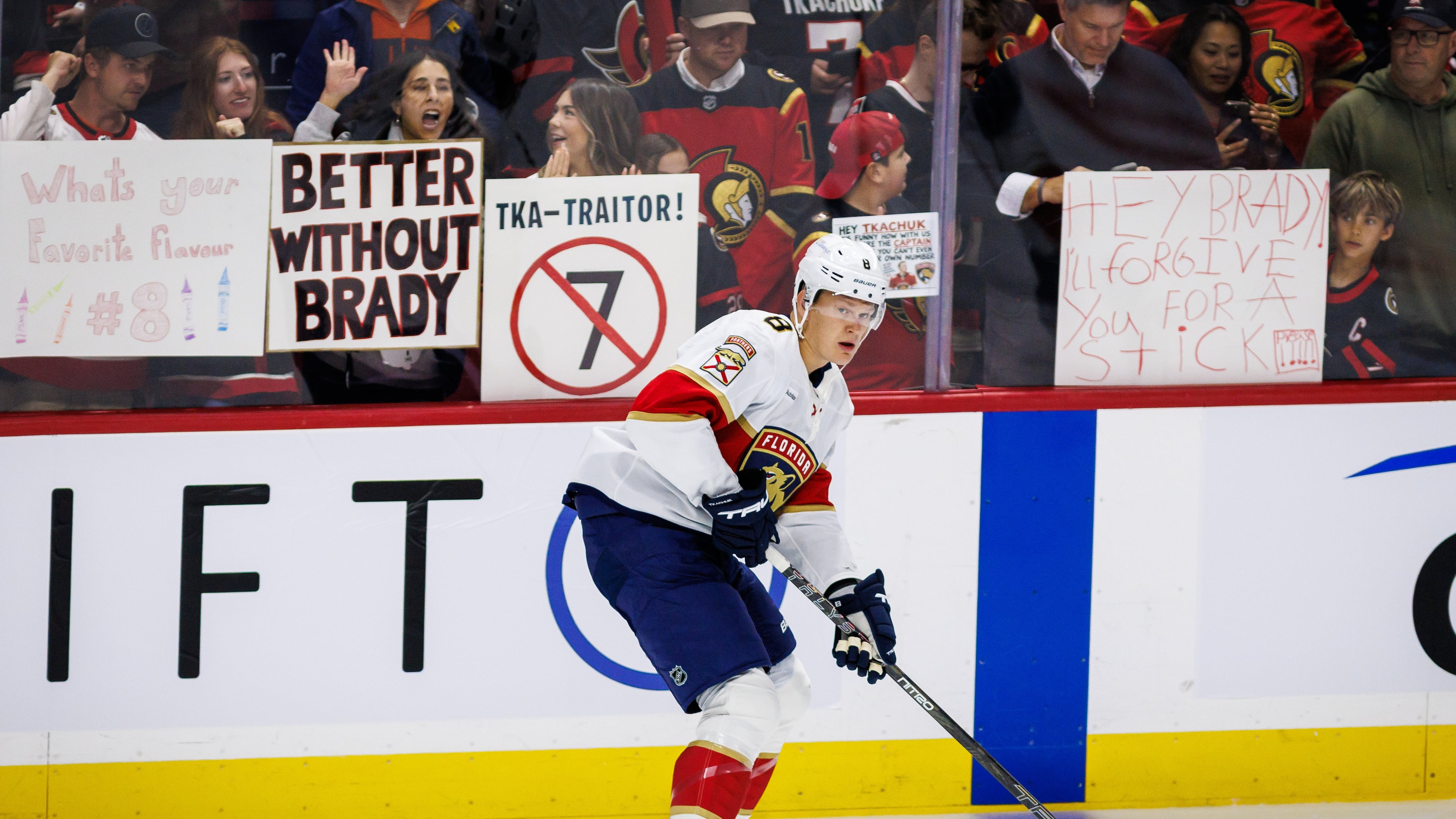 Florida Panthers' Brady Tkachuk (8) skates during warmups prior to an NHL hockey game against the Ottawa Senators in Ottawa, on Wednesday, Oct. 21, 2026. (Keito Newman/The Canadian Press via AP)