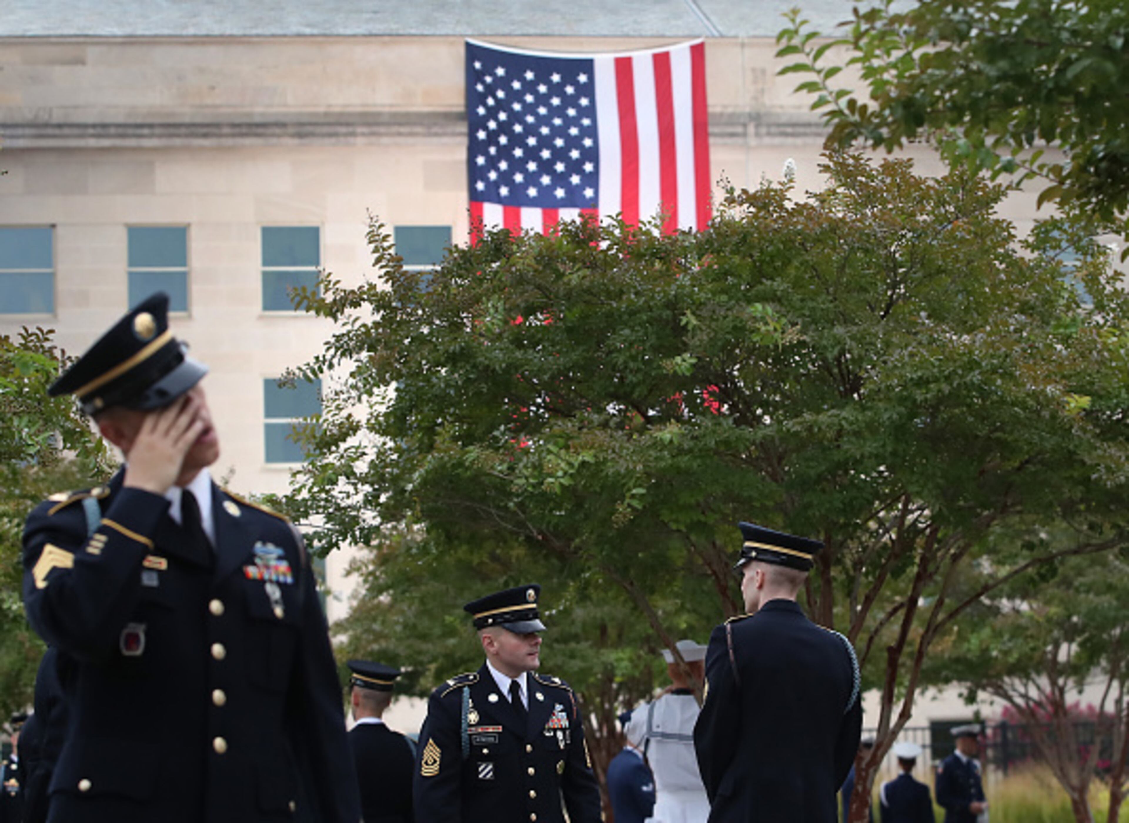 ARLINGTON, VIRGINIA - SEPTEMBER 11: Members of the 3rd United States Infantry Regiment, The Old Guard, attend a ceremony at the Pentagon to commemorate the anniversary of the 9/11 terror attacks September 11, 2019 in Arlington, Virginia. The nation is marking the 18th anniversary of the terror attacks that took almost 3000 lives. (Photo by Mark Wilson/Getty Images)