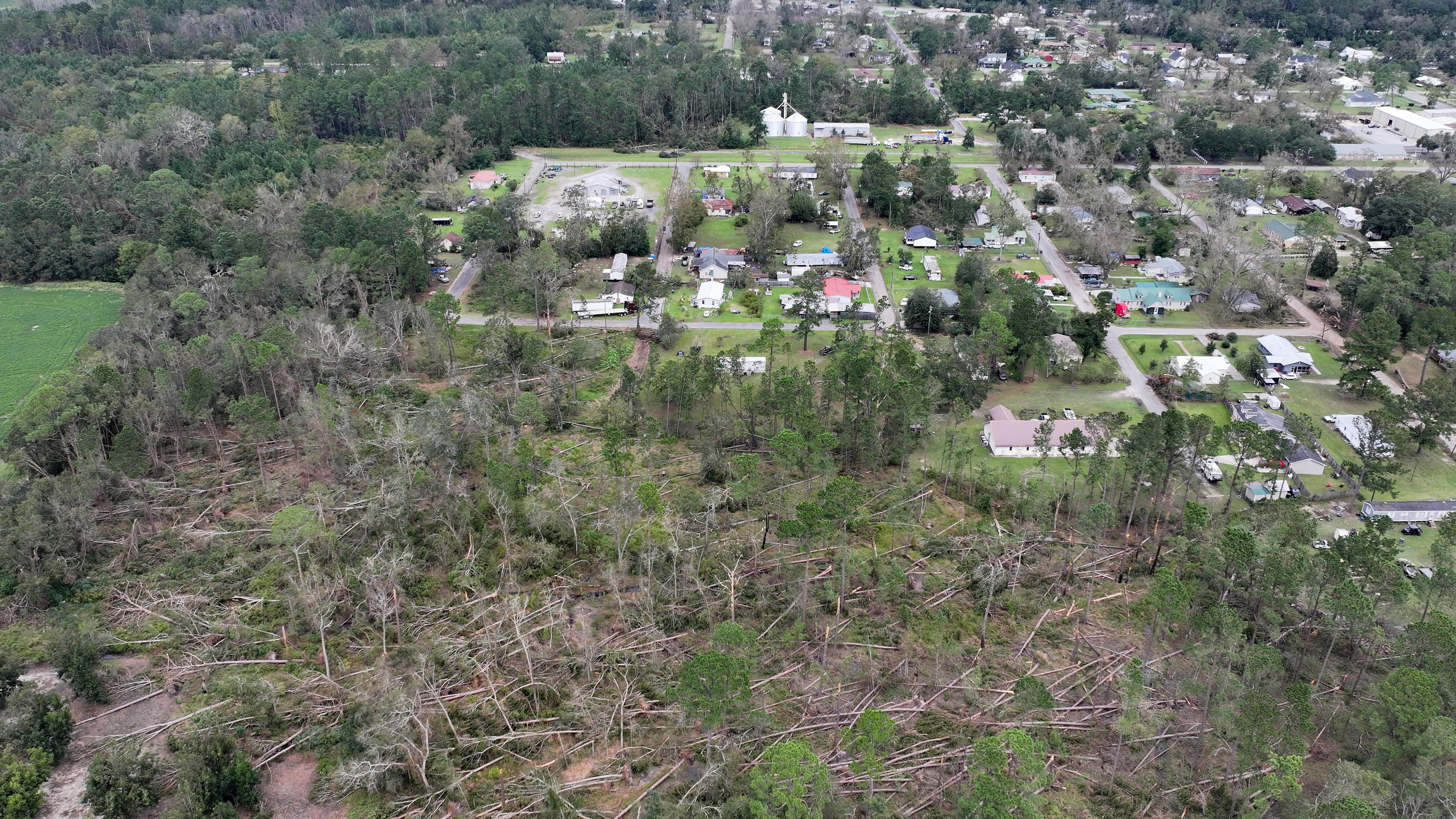 Aerial photo show fallen trees caused by Hurricane Helene in Alapaha, Tuesday, Oct,1, 2024. While Valdosta and Augusta are two epicenters of Helene's damage, some of the most serious fallout took place in far smaller towns and settlements.(Hyosub Shin / AJC)
