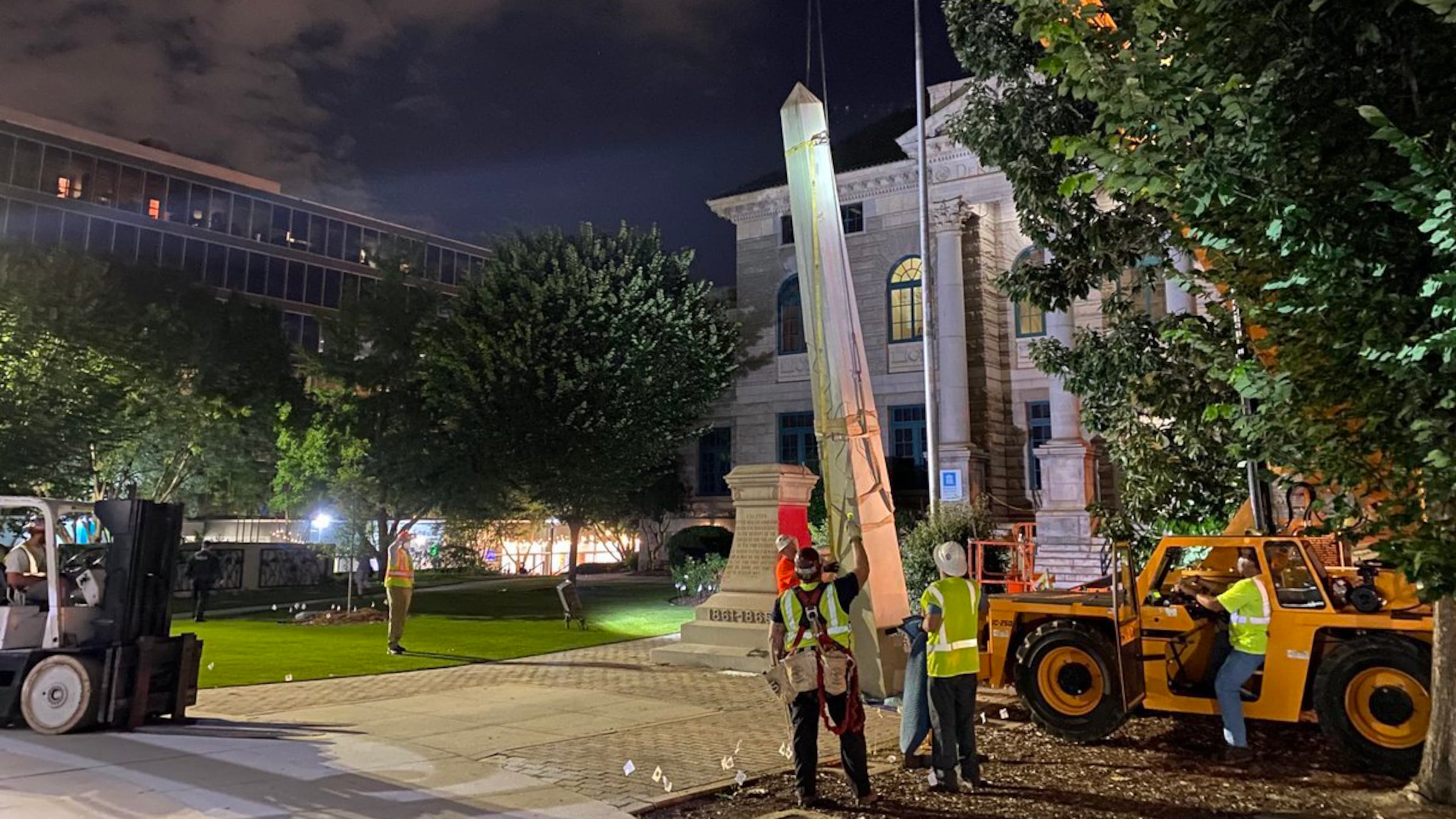 The Confederate obelisk in downtown Decatur was removed from its pedestal June 18, 2020. (Amanda Coyne/ajc)