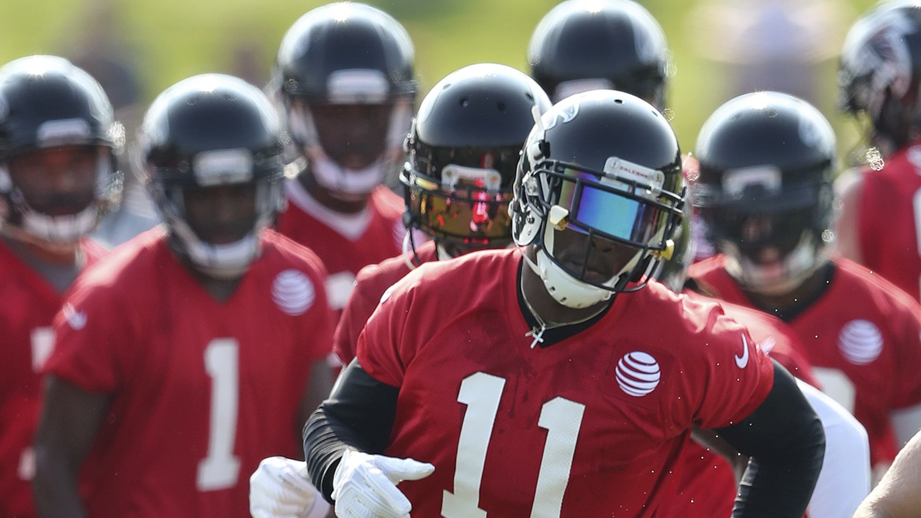 Atlanta Falcons wide receiver Julio Jones runs an agility drill during NFL football training camp on Thursday, July 27, 2017, in Flowery Branch, Ga. (Curtis Compton/Atlanta Journal-Constitution via AP)