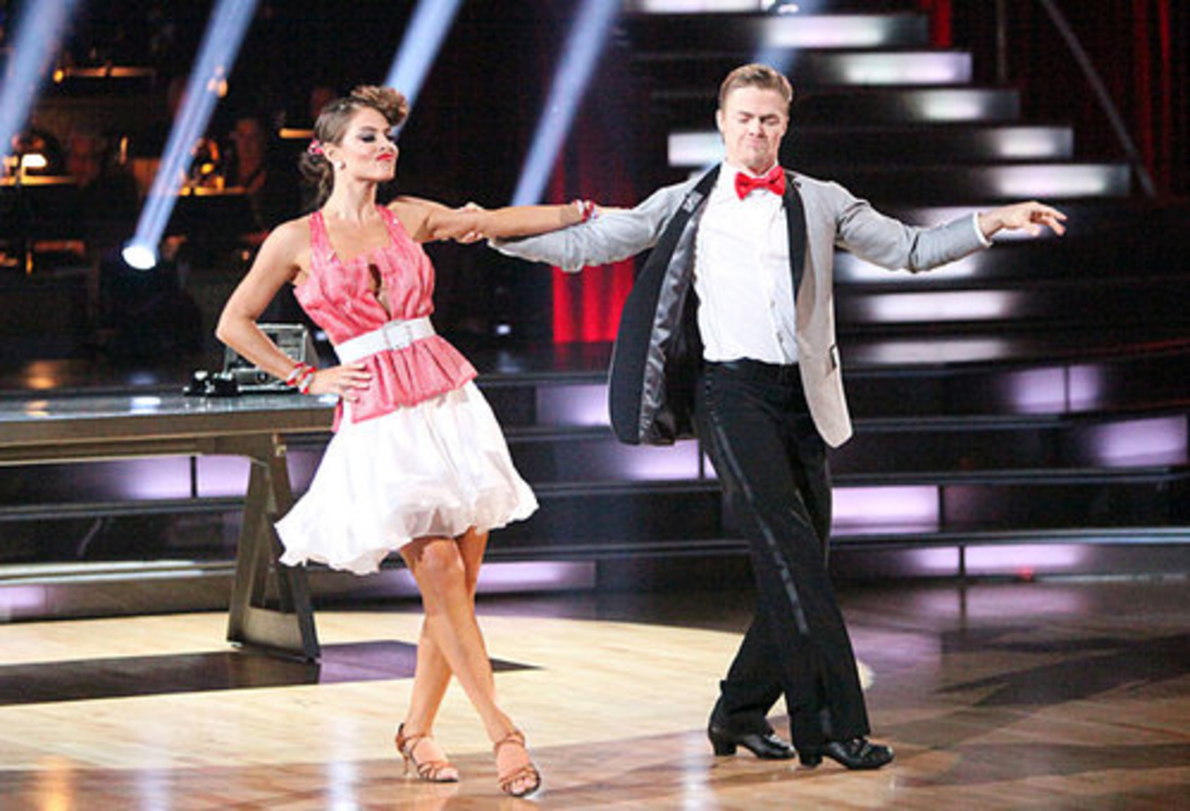TV personality Maria Menounos, left, and her partner Derek Hough performing on the celebrity dance competition series "Dancing with the Stars" in Los Angeles.