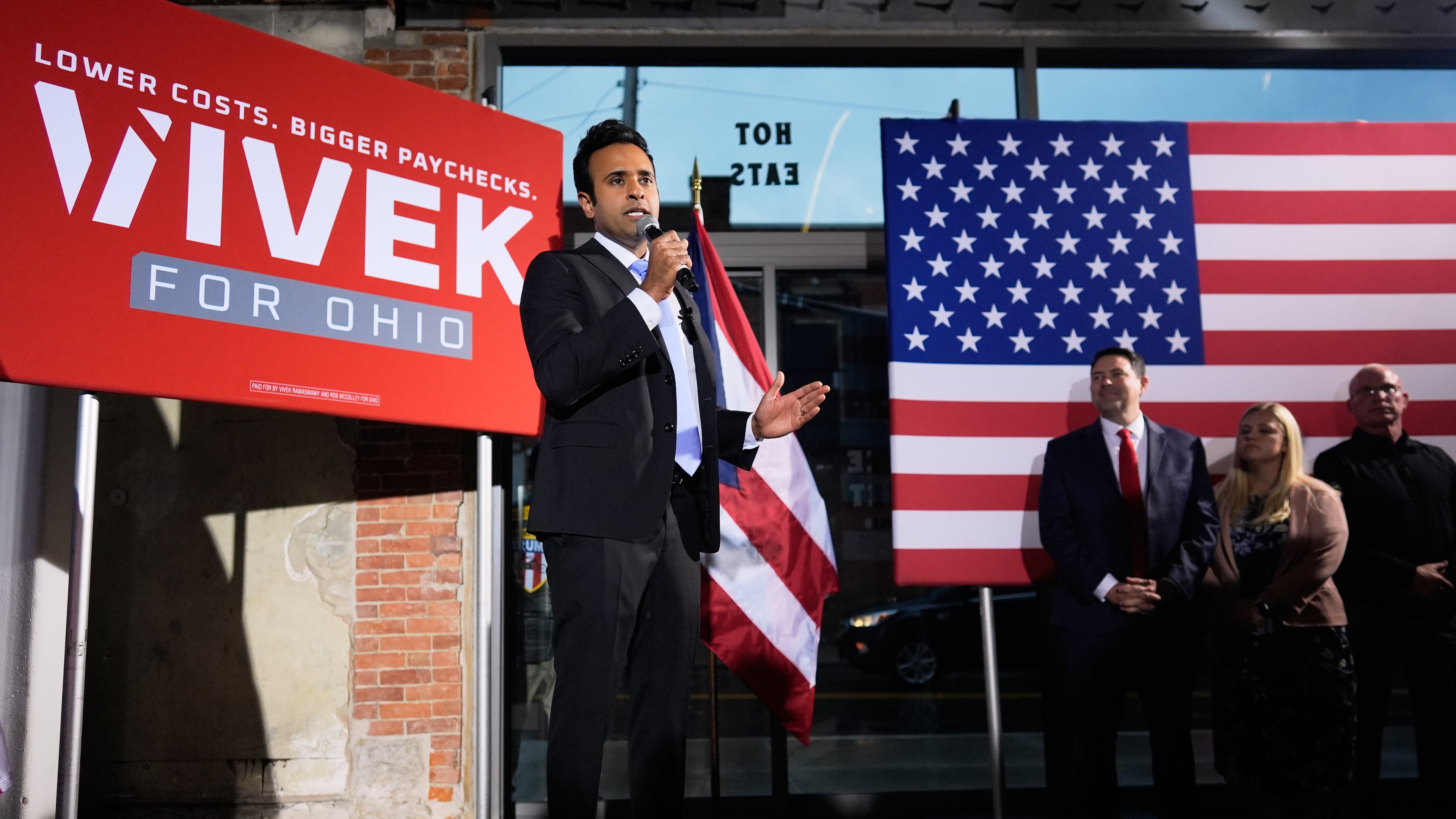 Republican Ohio gubernatorial candidate Vivek speaks during a watch party at the Spruce St. Sporting sports bar after winning the party's nomination for governor Tuesday, May 5, 2026, in Columbus. (AP Photo/Carolyn Kaster)