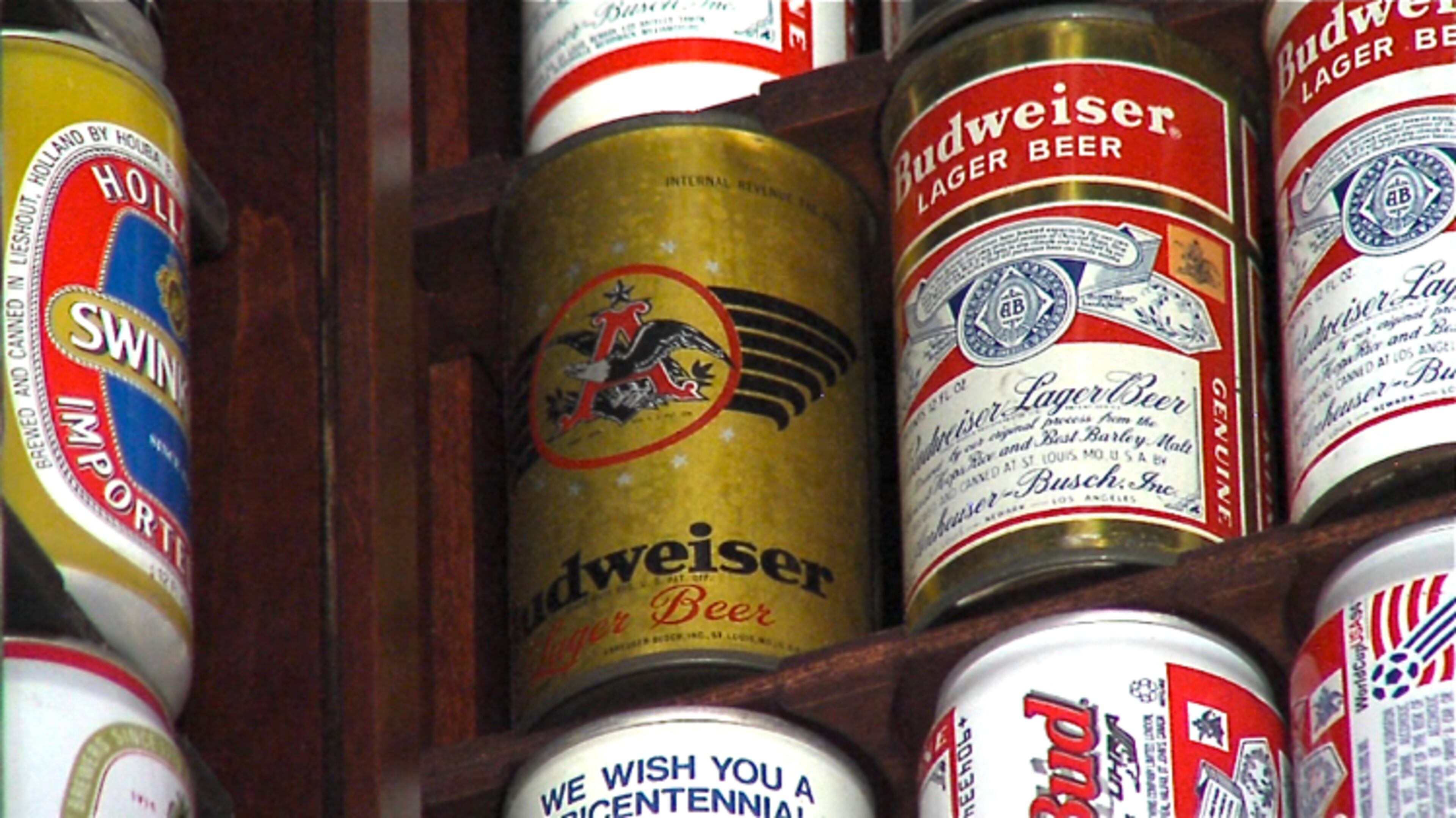 The collection includes rare cans like this one which is the first Budweiser can style that was ever manufactured in 1936.