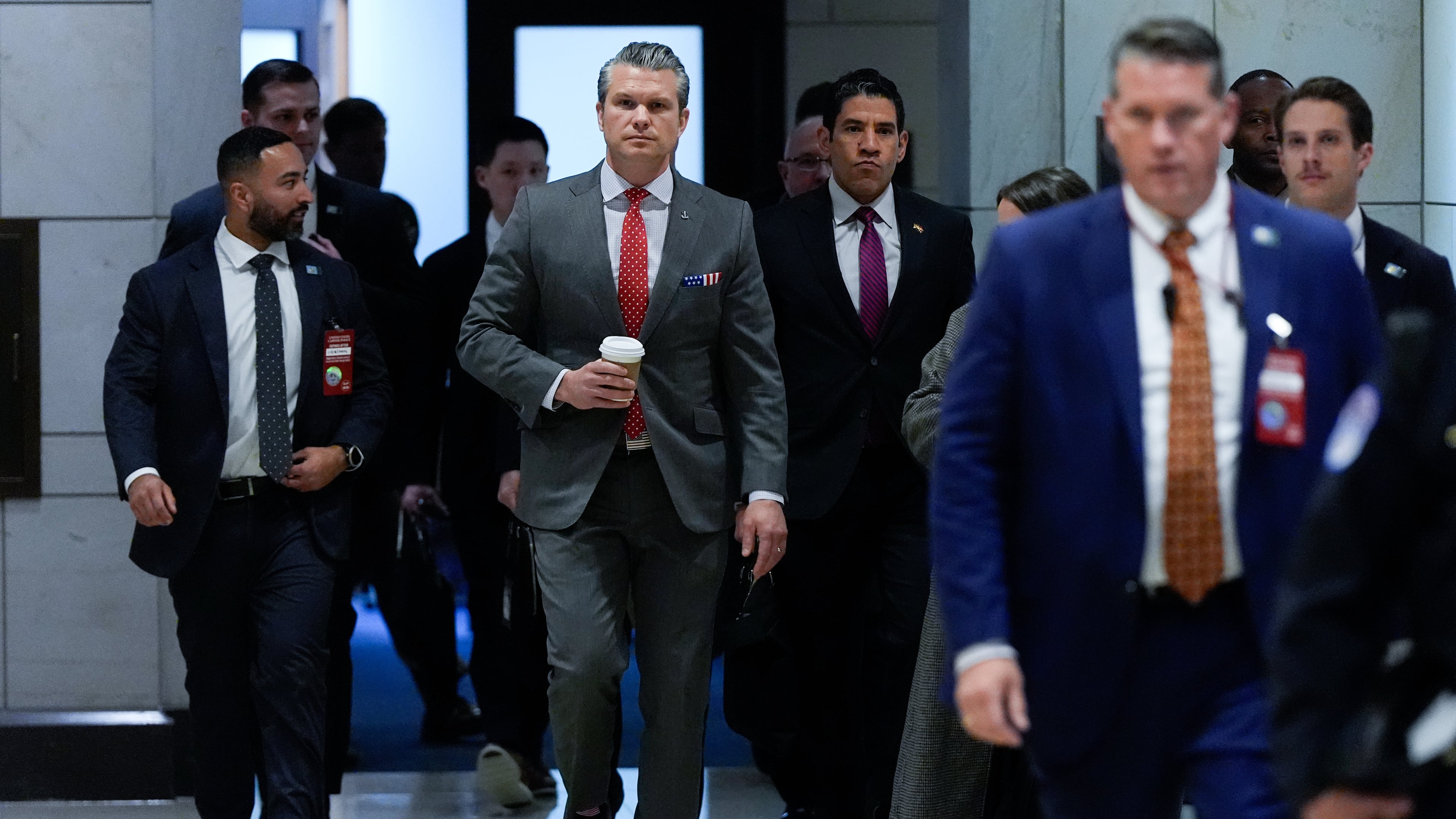 Defense Secretary Pete Hegseth arrives to brief members of Congress on military strikes near Venezuela, Tuesday, Dec. 16, 2025, at the Capitol in Washington. (AP Photo/Julia Demaree Nikhinson)