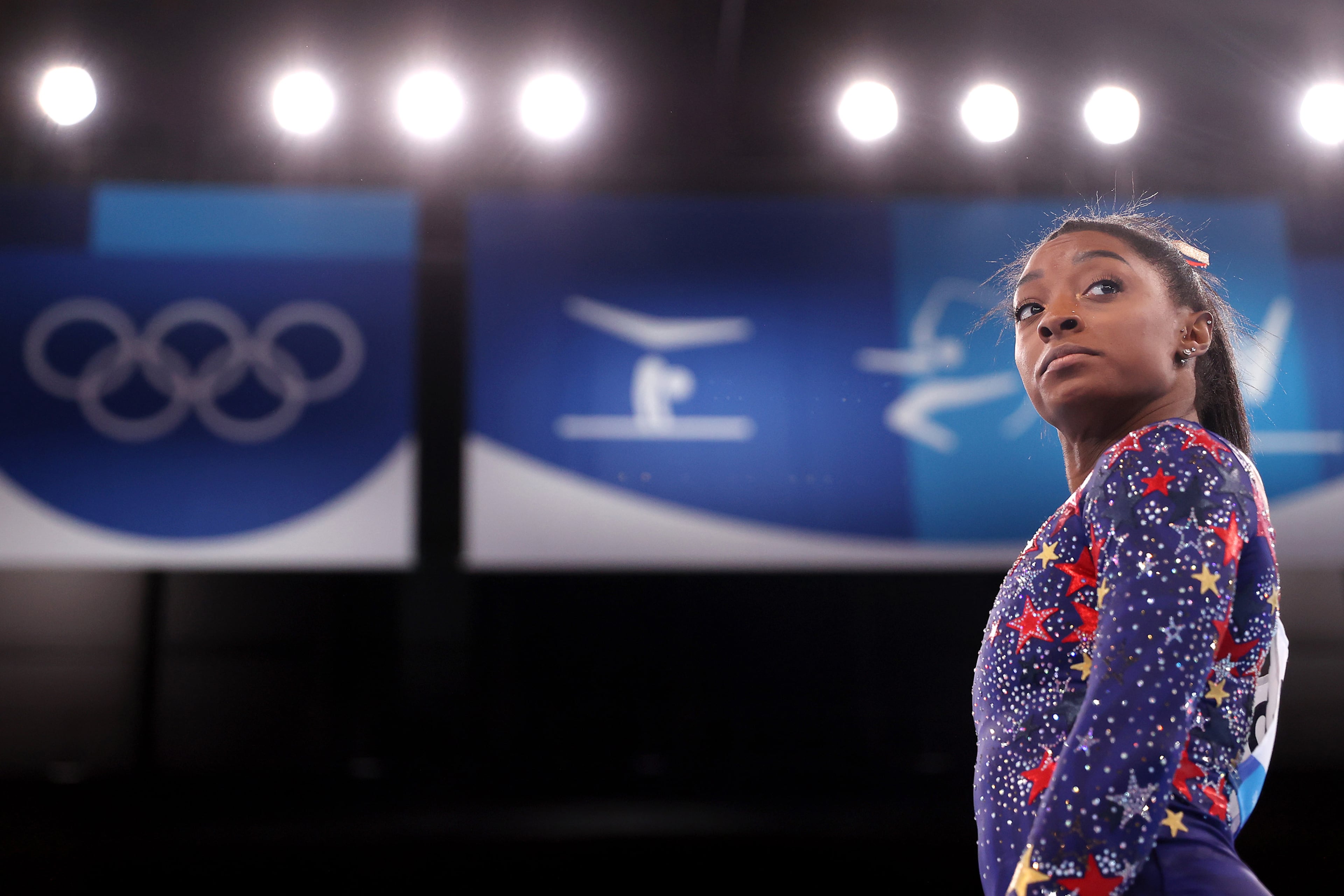 Simone Biles of Team United States looks on during Women's Qualification on day two of the Tokyo 2020 Olympic Games at Ariake Gymnastics Centre on Sunday, July 25, 2021 in Tokyo, Japan. (Laurence Griffiths/Getty Images/TNS)