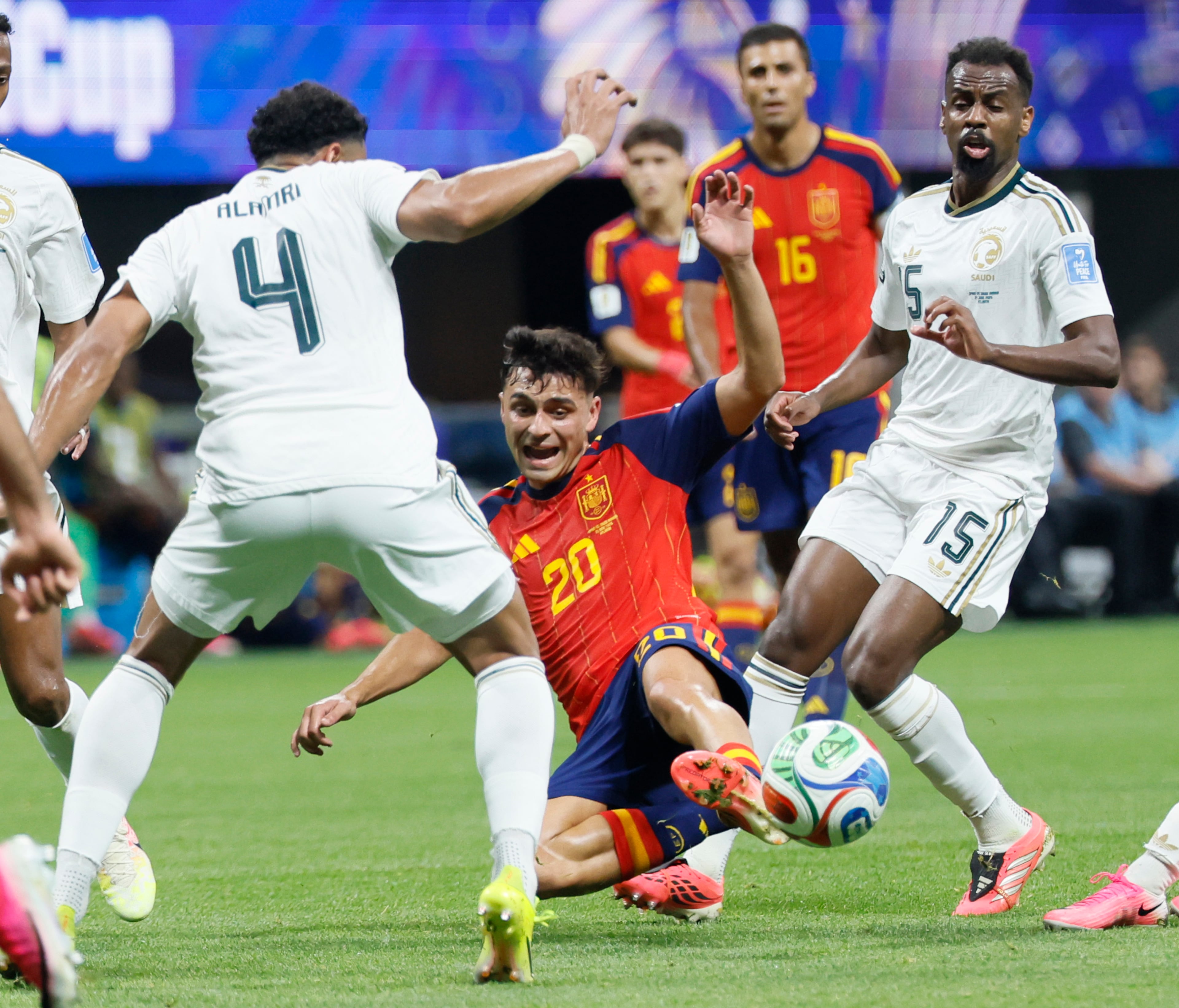 Spain's Mikel Oyarzabal (center) slides between Saudi Arabia's Abdulelah Al-Amri (left) and Abdullah Al-Khaibari during the first half of the Spain vs. Saudi Arabia World Cup match Sunday, June 21, 2026, at Atlanta Stadium. (Miguel Martinez/AJC)