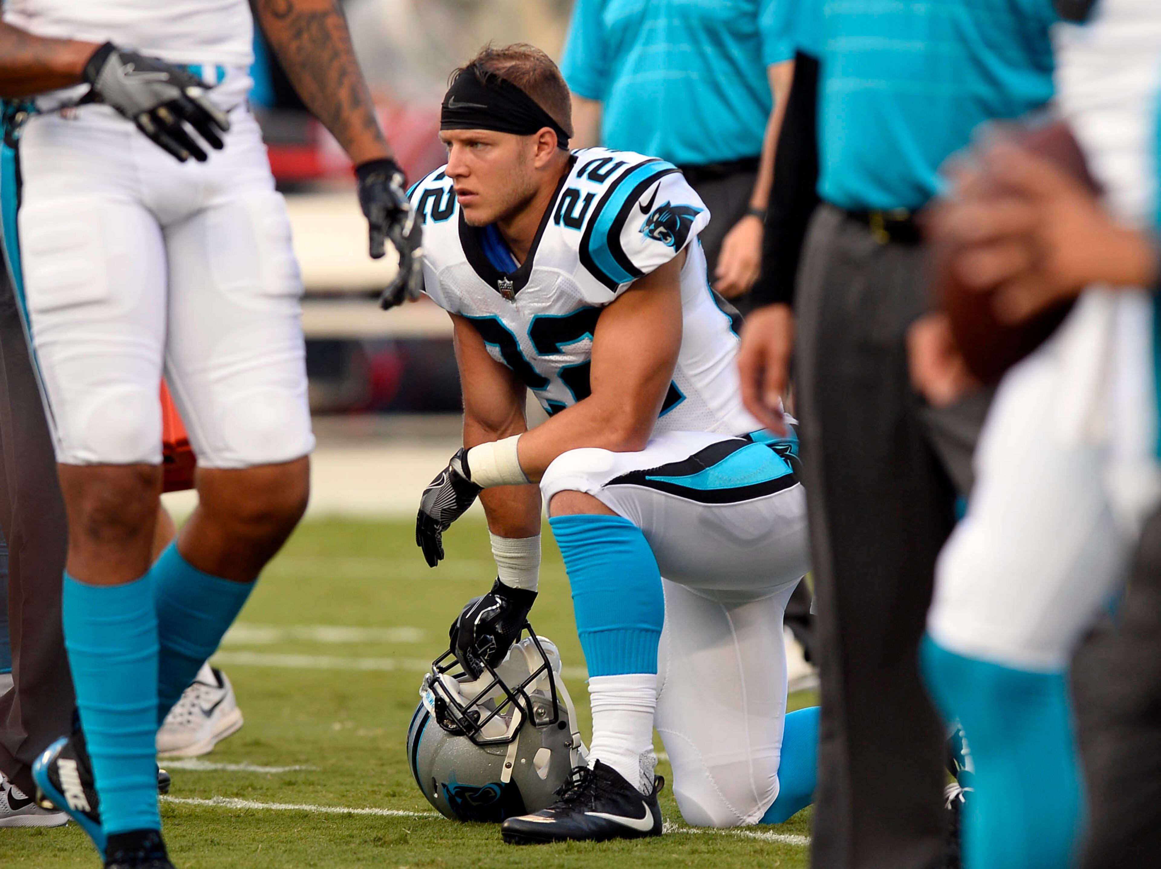 Carolina Panthers running back Christian McCaffrey (22) during warmups prior to playing the Houston Texans in a preseason game at Bank of America Stadium on Wednesday, Aug. 9, 2017. (David T. Foster III/Charlotte Observer/TNS)