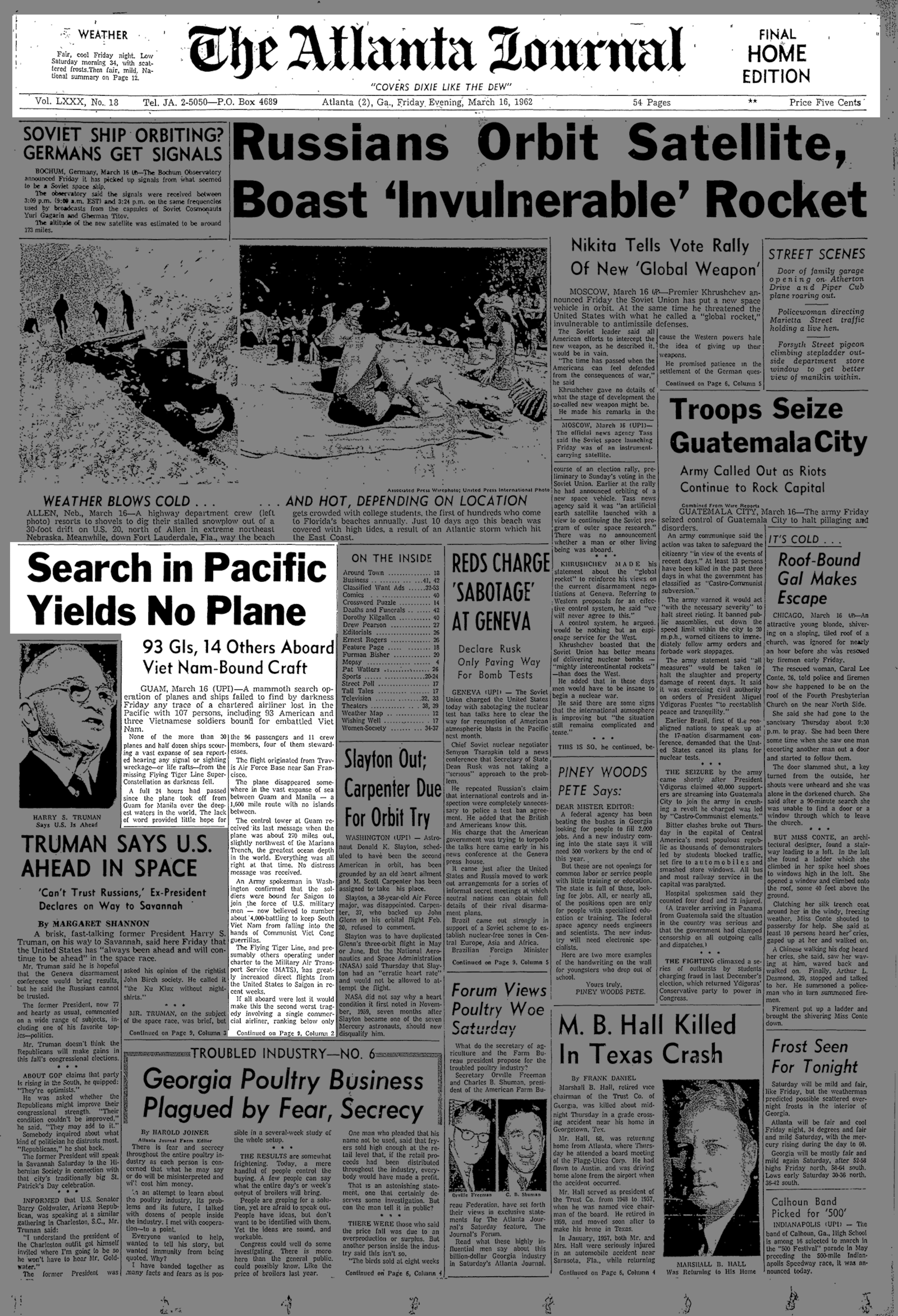 The front page for the March 16, 1962, edition of The Atlanta Journal, highlighting the day's story on the missing "Flying Tiger" airplane.