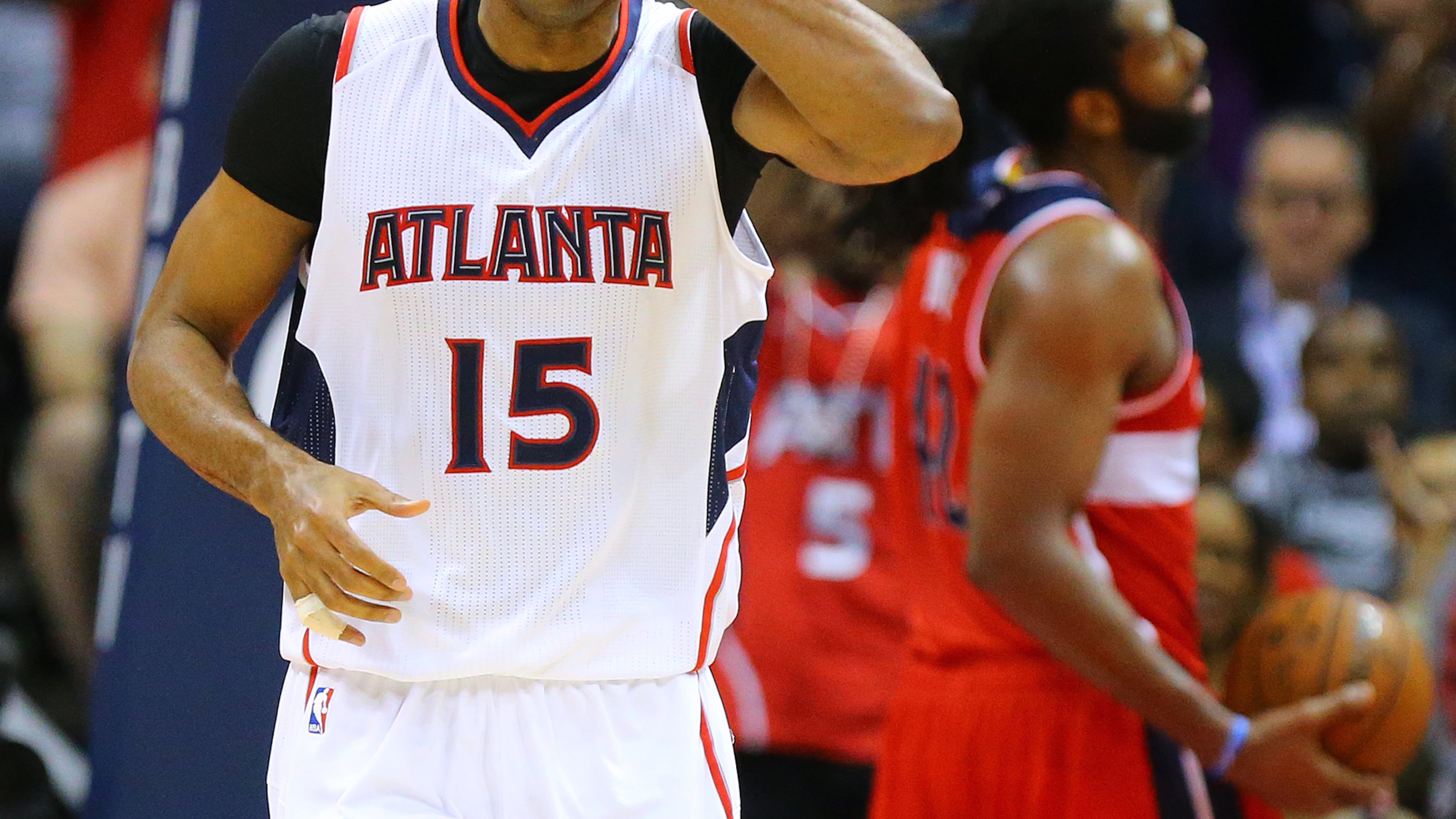 050515 ATLANTA: Hawks center Al Horford covers his face in disbelief after making a shot against the Wizards in a basketball game during the Eastern Conference Semifinals game 2 on Tuesday, May 5, 2015, in Atlanta. The Hawks beat the Wizards 106-90 to even the series 1-1. Curtis Compton / ccompton@ajc.com It's OK to look now: The Hawks survived a scare and beat Washington to even their playoff series. (Curtis Compton, ccompton@ajc.com)