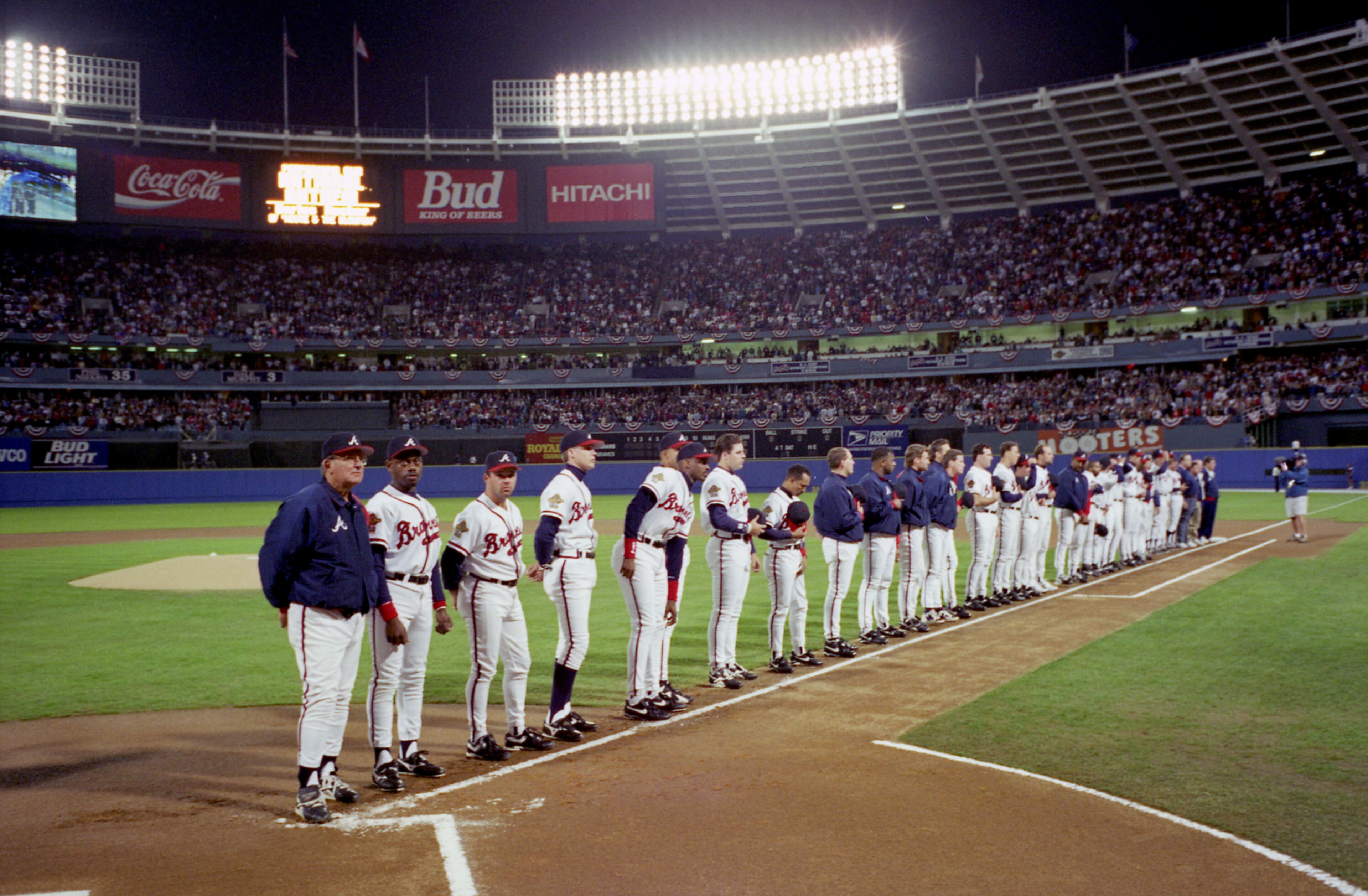 OCTOBER 21, 1995 ATLANTA Atlanta Braves during the players' introduction, World Series Game One, 1995 Jonathan Newton/AJC Staff