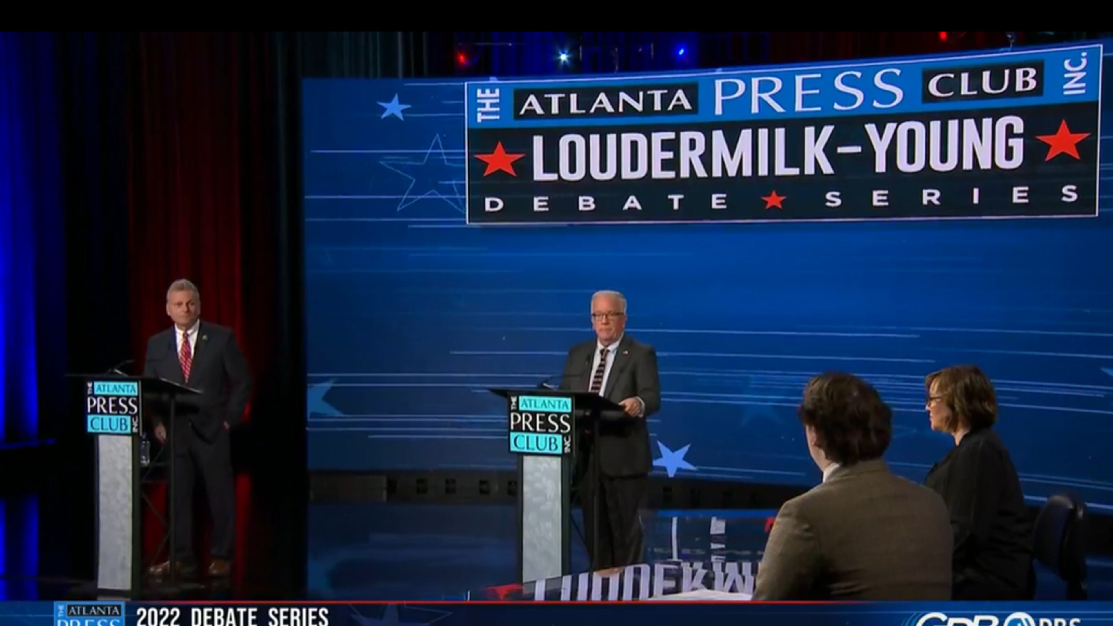 Republican U.S. Rep. Buddy Carter, left, and Democrat Wade Herring -- the candidates in Georgia's 1st Congressional District, participated Tuesday in the Atlanta Press Club's Loudermilk-Young Debate Series. Screenshot via Atlanta Press Club Facebook page.
