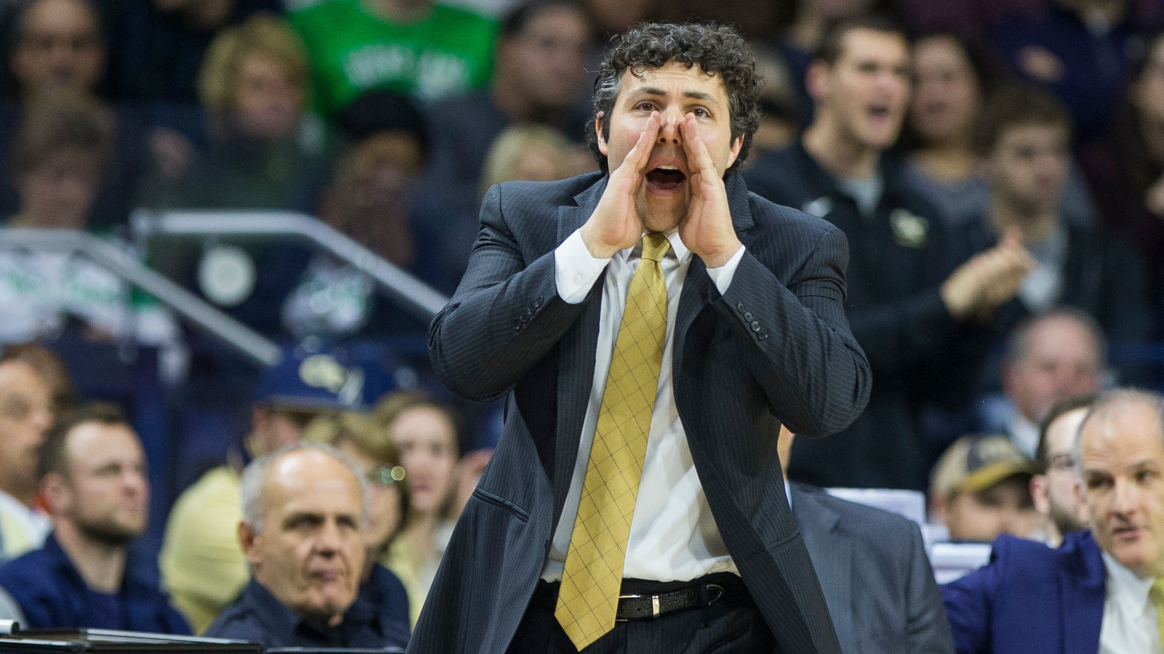 Georgia Tech head coach Josh Pastner yells to his players during the second half of an NCAA college basketball game against Notre Dame, Saturday, Dec. 30, 2017, in South Bend, Ind. (AP Photo/Robert Franklin)