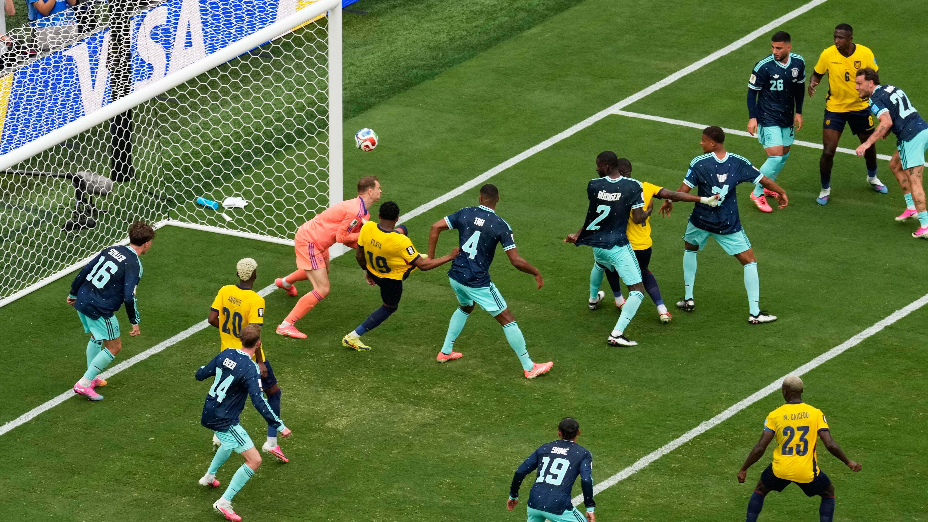 Ecuador's Gonzalo Plata (19) scores a go-ahead goal on Germany goalkeeper Manuel Neuer during the World Cup Group E soccer match in East Rutherford, N.J., near New York, Thursday, June 25, 2026. (AP Photo/Seth Wenig)