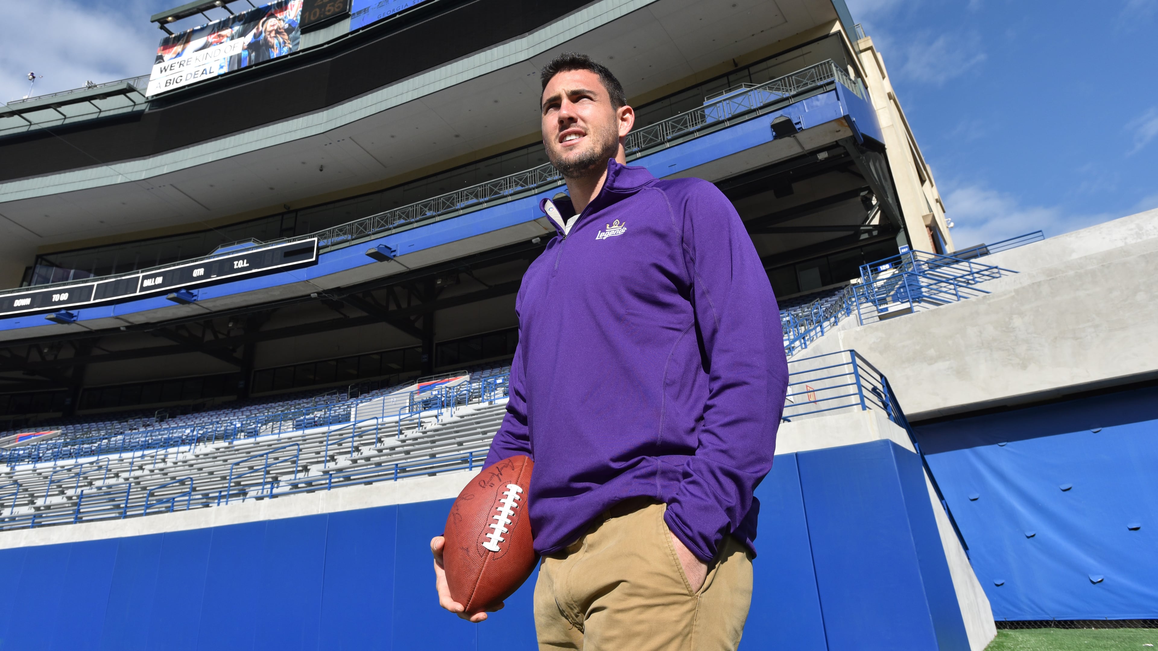 November 29, 2018 Atlanta - Atlanta Legends QB Aaron Murray walks on the football field at Georgia State Stadium on Thursday, November 29, 2018. The former Georgia quarterback signed to play with the Atlanta Legends in the new Alliance of American pro football league. HYOSUB SHIN / HSHIN@AJC.COM