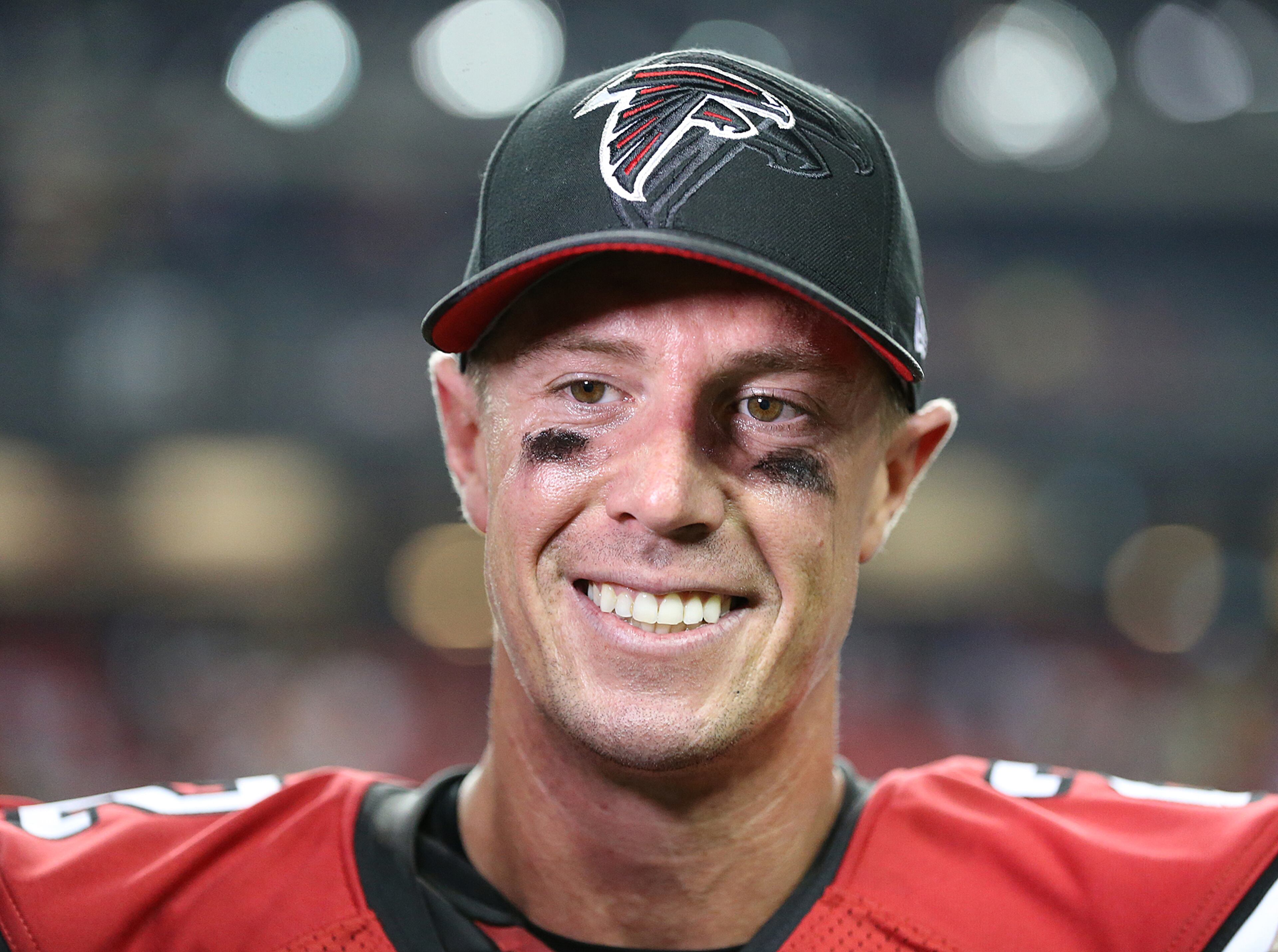 October 30, 2016 ATLANTA: After narrow defeats in the past two games against the Chargers and the Seahawks, Falcons quarterback Matt Ryan is all smiles after beating the Packers 33-32 in an NFL football game on Sunday, Oct. 30, 2016, in Atlanta. Curtis Compton /ccompton@ajc.com