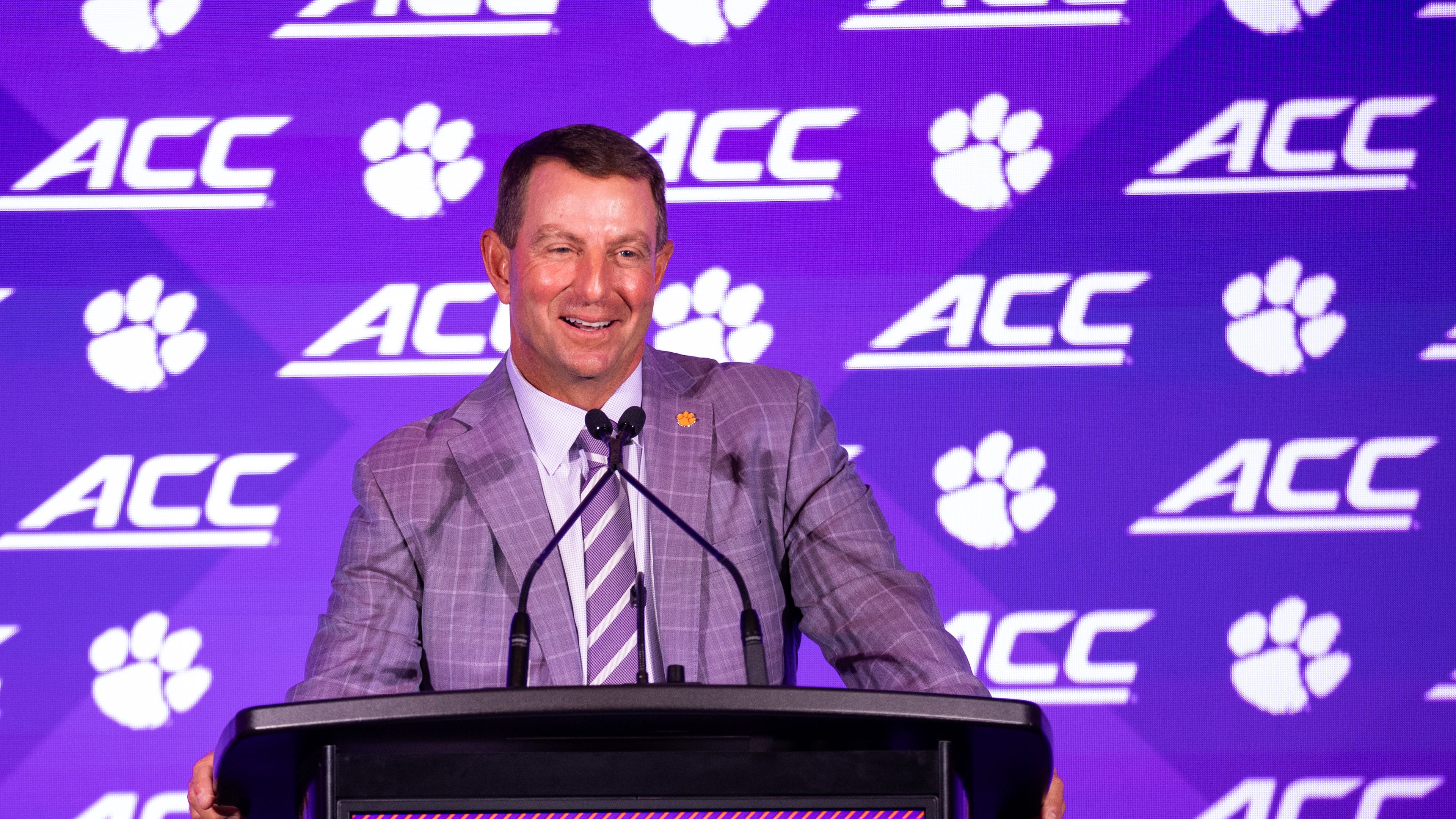 Clemson head coach Dabo Swinney speaks with the media at the 2026 ACC Football Kickoff at Hilton Uptown Charlotte in Charlotte, N.C. (Scott Kinser/Cal Sport Media via AP Images)