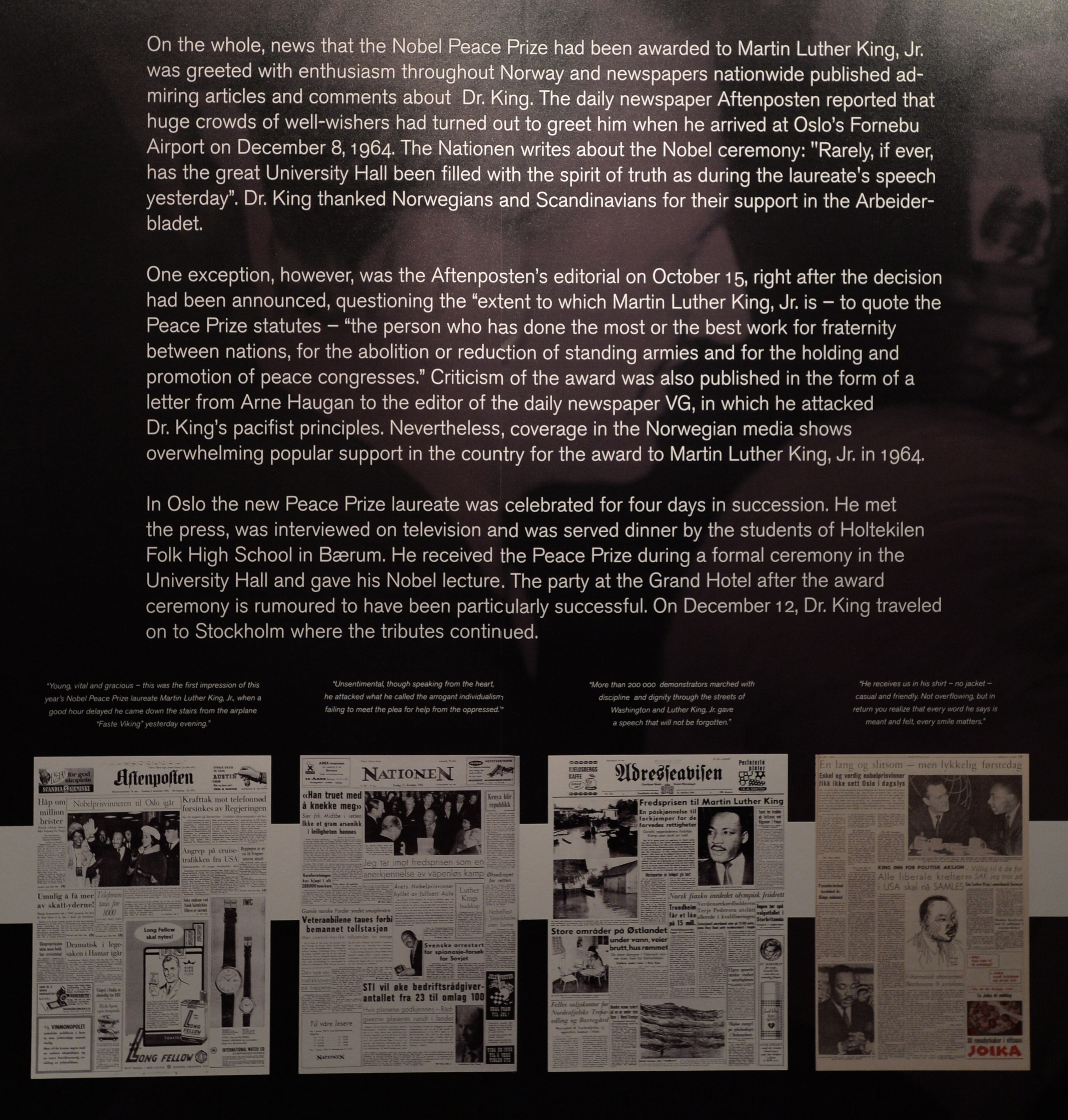 Newspapers documenting the warm welcome Martin Luther King Jr. received in Norway to accept the Nobel Peace Prize are seen Dec. 10, 2014, at the Martin Luther King, Jr. National Historic Site. Since 1964, the documents relating to the award nominations, notes and reports have been classified as a secret, and kept under lock and key in the Norwegian Nobel Committee's extensive archive. For the first time, the public now has access to this material. The exhibition features primary documents from the Nobel Peace Center in Oslo, Norway, Coca-Cola Corporate Archives, Ebenezer Baptist Church Archival Collections, Auburn Avenue Research Library on African American Culture and History, and Georgia State University Archival Collection. BRANT SANDERLIN / BSANDERLIN@AJC.COM