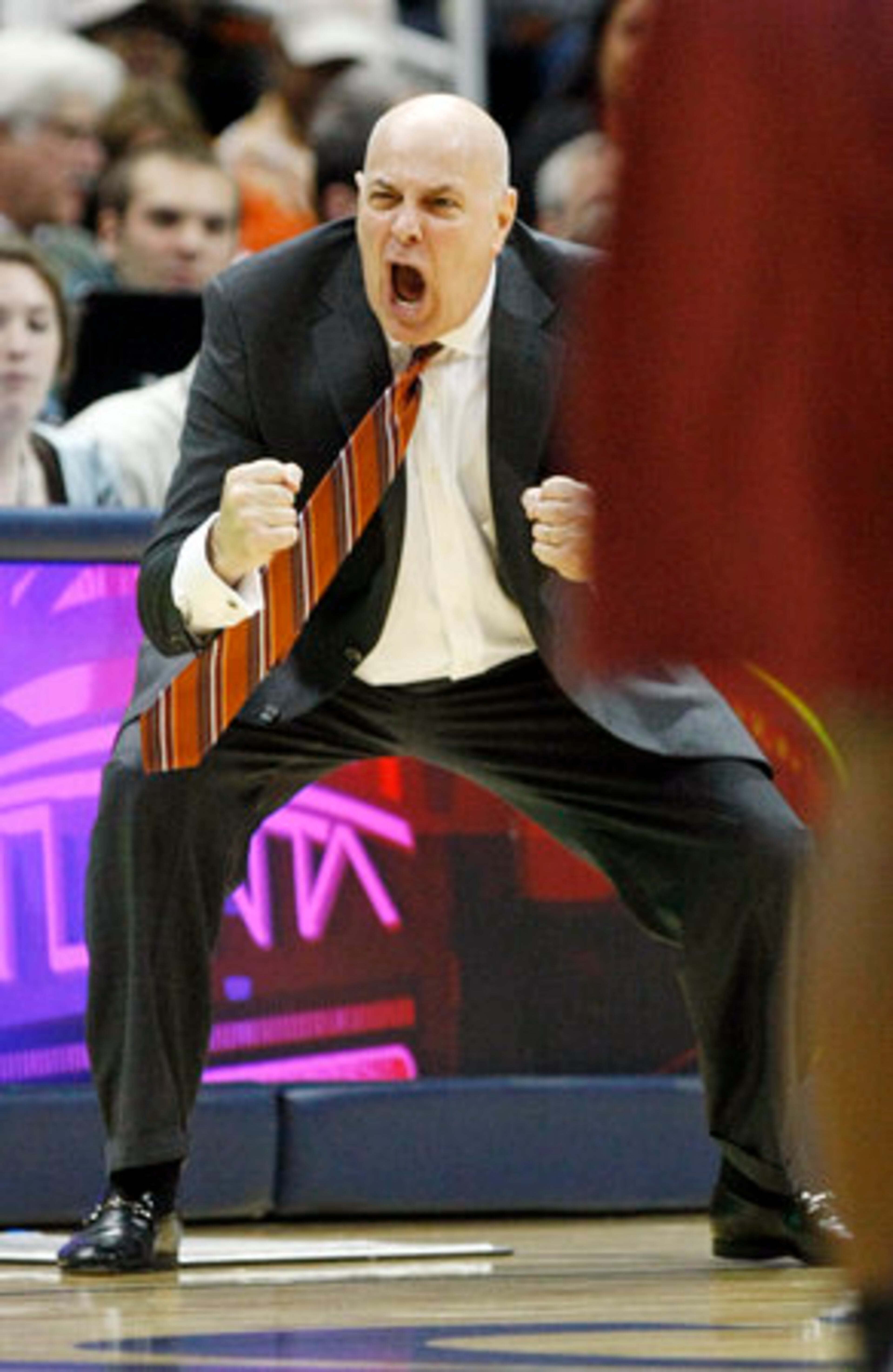 Virginia Tech Hookies head coach Seth Greenberg coaches his team to a 68-63 victory over Clemson in the ACC Tournament, Philips Arena, Thursday, March 8, 2012.
