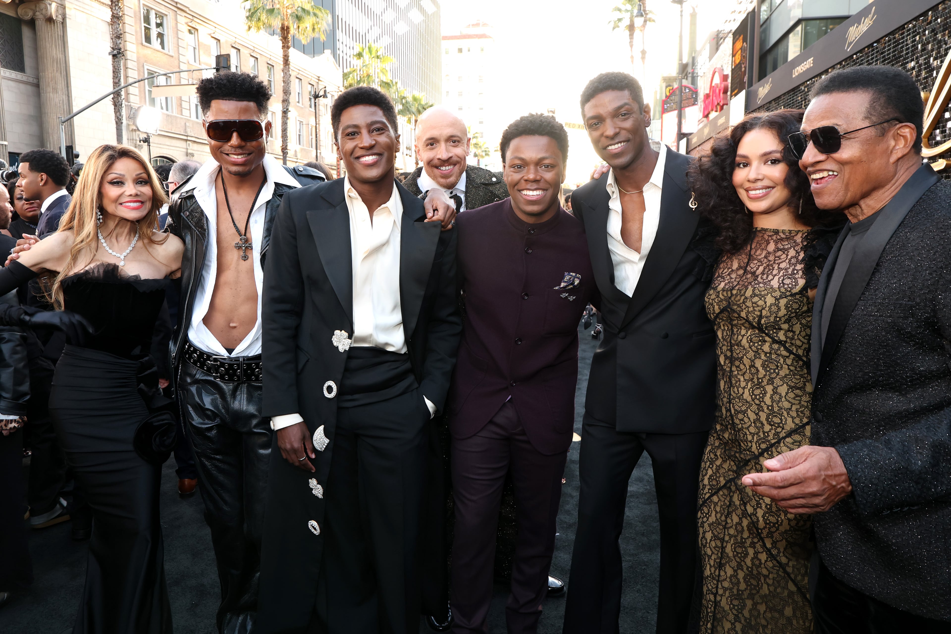 (L-R) La Toya Jackson, Tre' Horton, Joseph David-Jones, KeiLyn Durrel Jones, Rhyan Hill, Jamal Henderson, Jessica Sula and Jackie Jackson attend Lionsgate's "Michael" Los Angeles premiere at Dolby Theatre on April 20, 2026 in Los Angeles. (Kevin Mazur/Getty Images for Lionsgate)