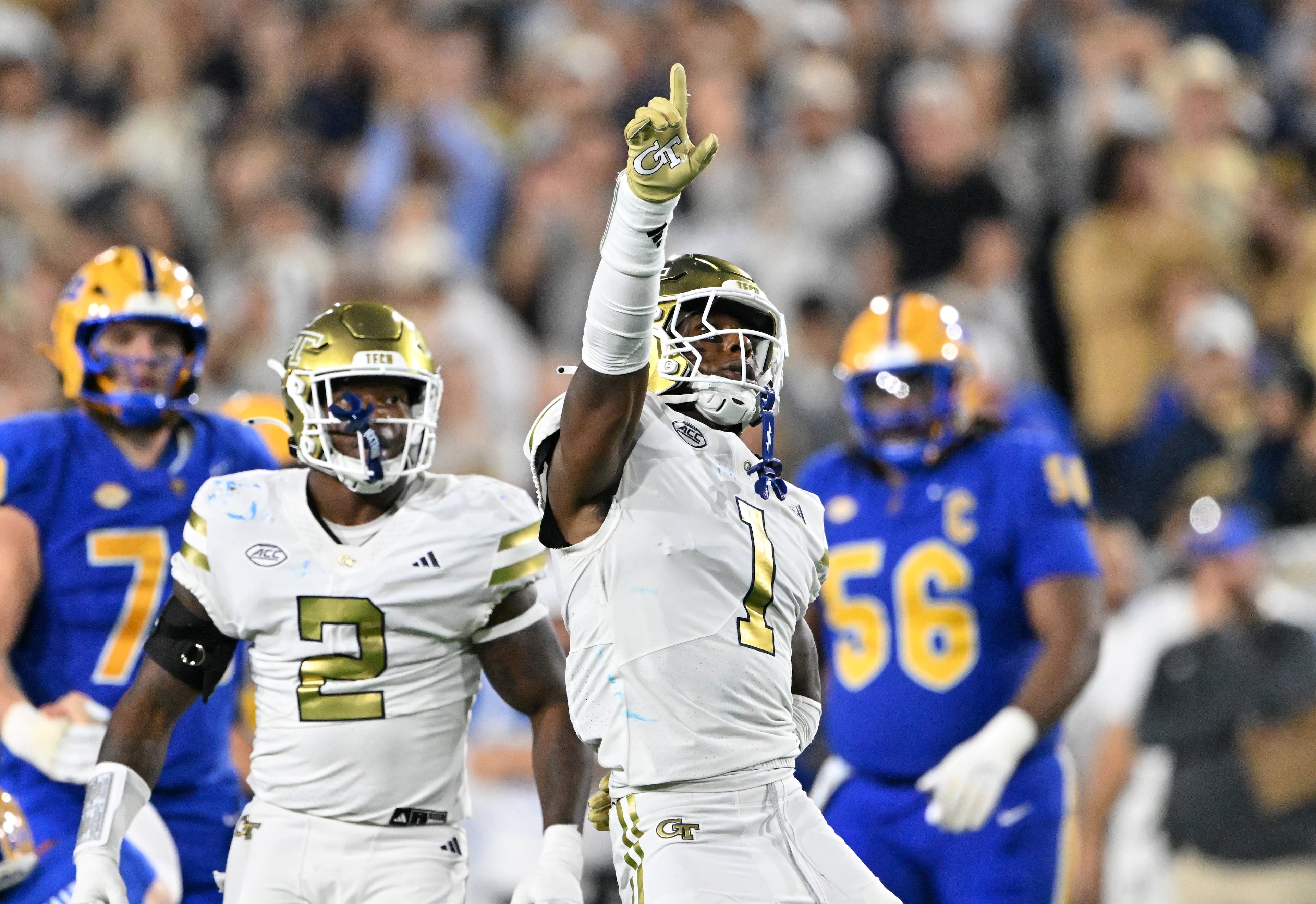 Georgia Tech linebacker Cayman Spaulding (1) reacts after sacking Pittsburgh quarterback Mason Heintschel during the second half in an NCAA college football game at Bobby Dodd Stadium, Saturday, November 22, 2025 in Atlanta. Pittsburgh won 42-28 over Georgia Tech. (Hyosub Shin / AJC)