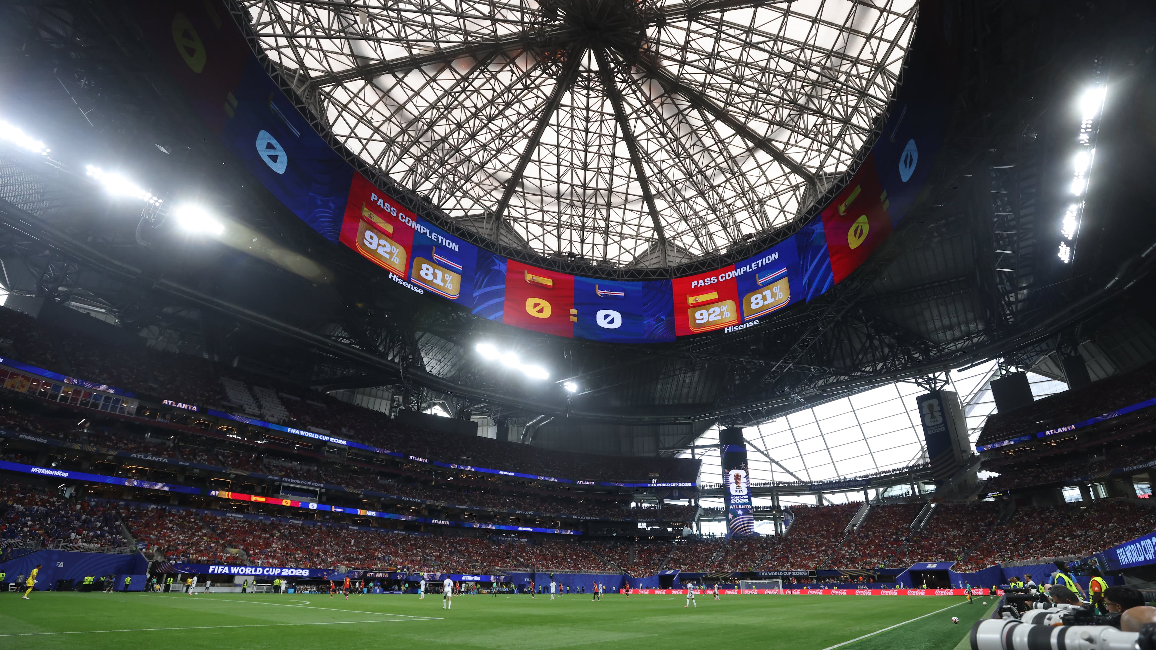 First half stats displayed on the screen tduring first half of Spain vs. Cape Verde Group H match at Atlanta Stadium (Mercedes-Benz Stadium) on Monday, June 15, 2026. (Jason Getz/AJC)
