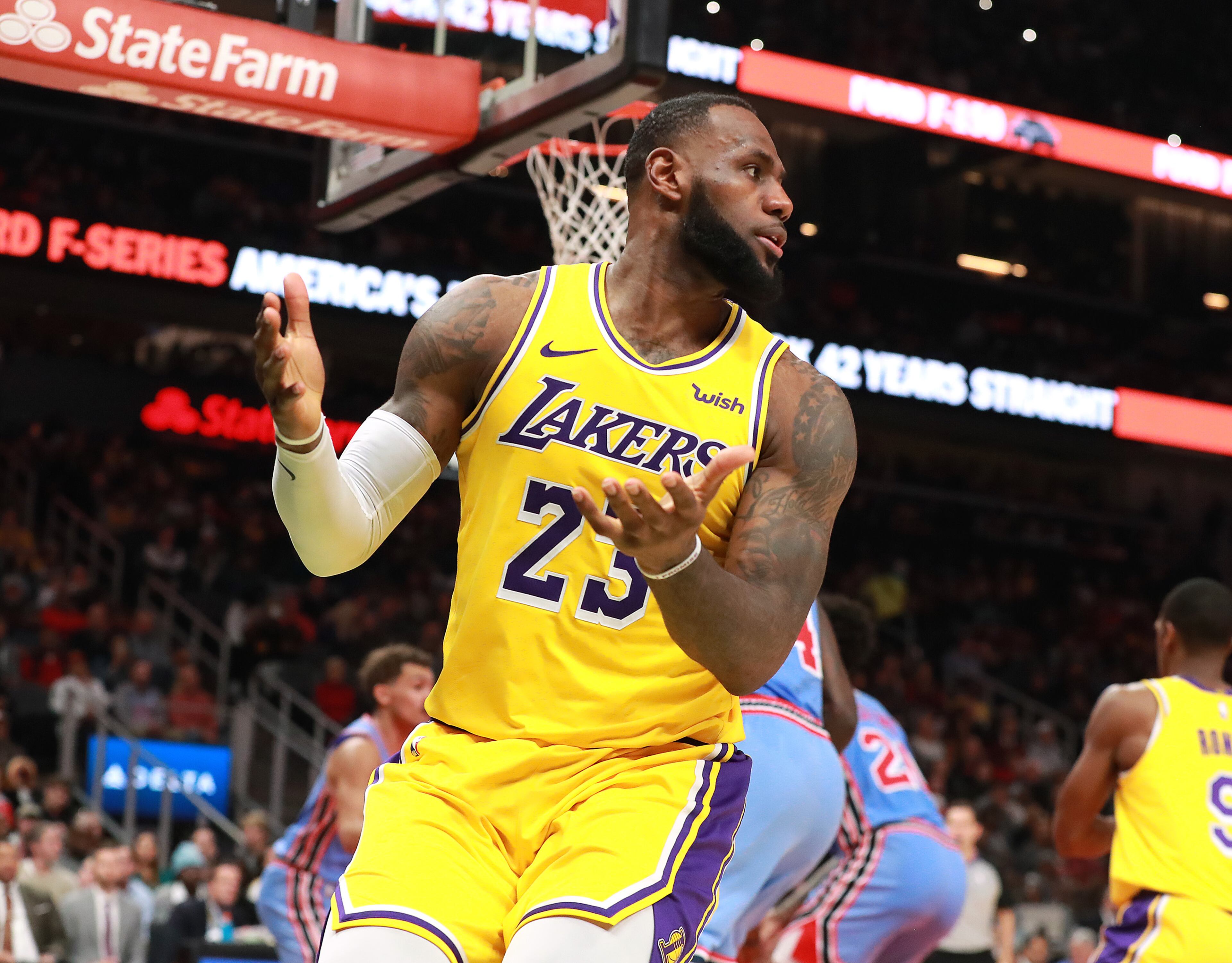 Feb. 12, 2019 Atlanta: Los Angeles Lakers LeBron James looks for a foul call he didnât get against the Atlanta Hawks during the second half in a NBA basketball game on Tuesday, Feb. 12, 2019, in Atlanta. The Lakers fell to the Hawks 117-113. Curtis Compton/ccompton@ajc.com