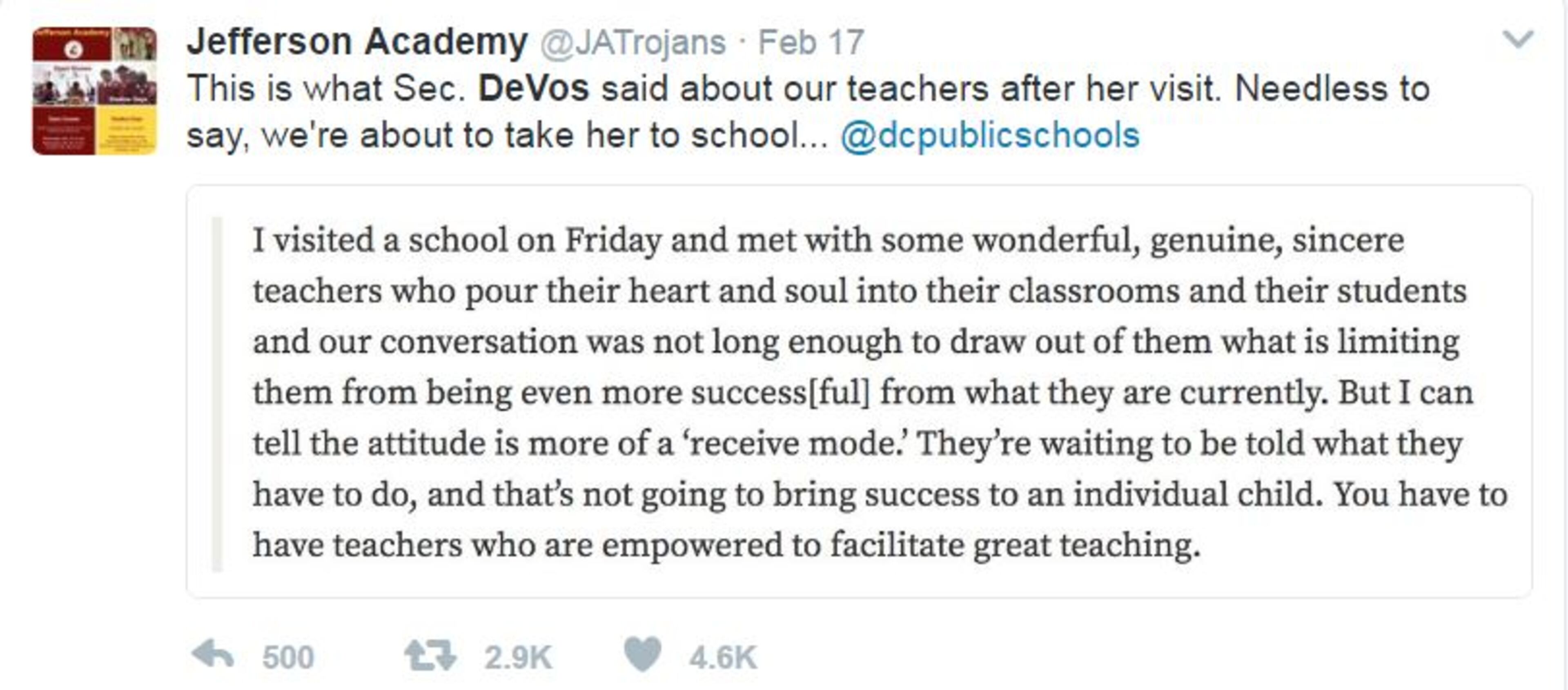 Teachers at Jefferson Middle School were not happy with Betsy DeVos' comments after her visit.