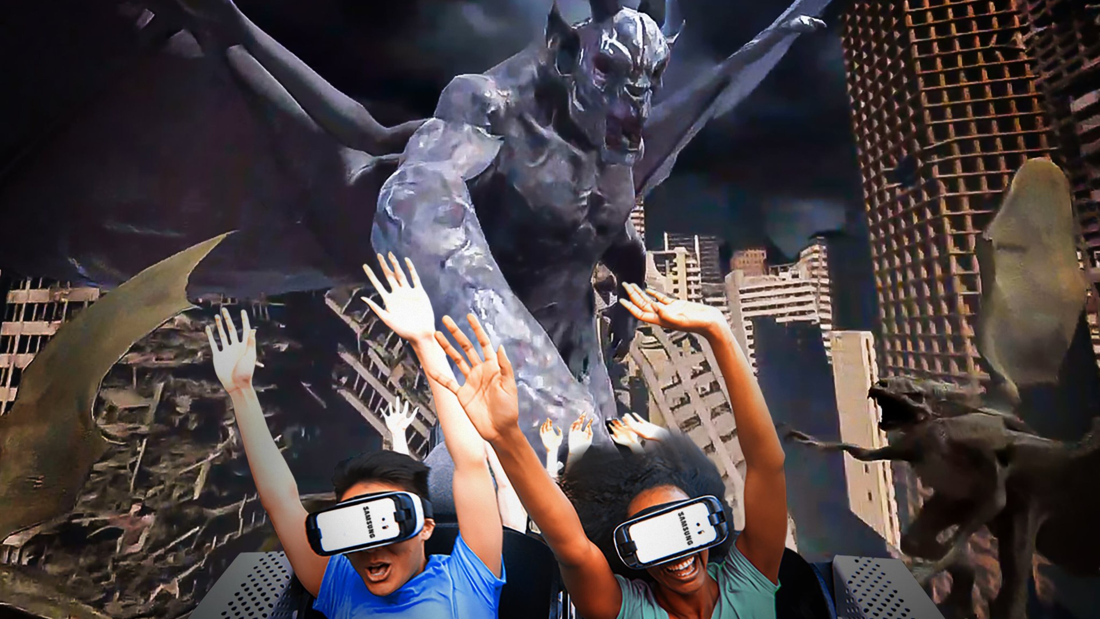 This enhanced photo helps illustrate what riders experience on Rage of the Gargoyles at Dare Devil Dive, a roller coaster with an added virtual reality element, at Fright Fest at Six Flags Over Georgia. CONTRIBUTED BY SIX FLAGS OVER GEORGIA