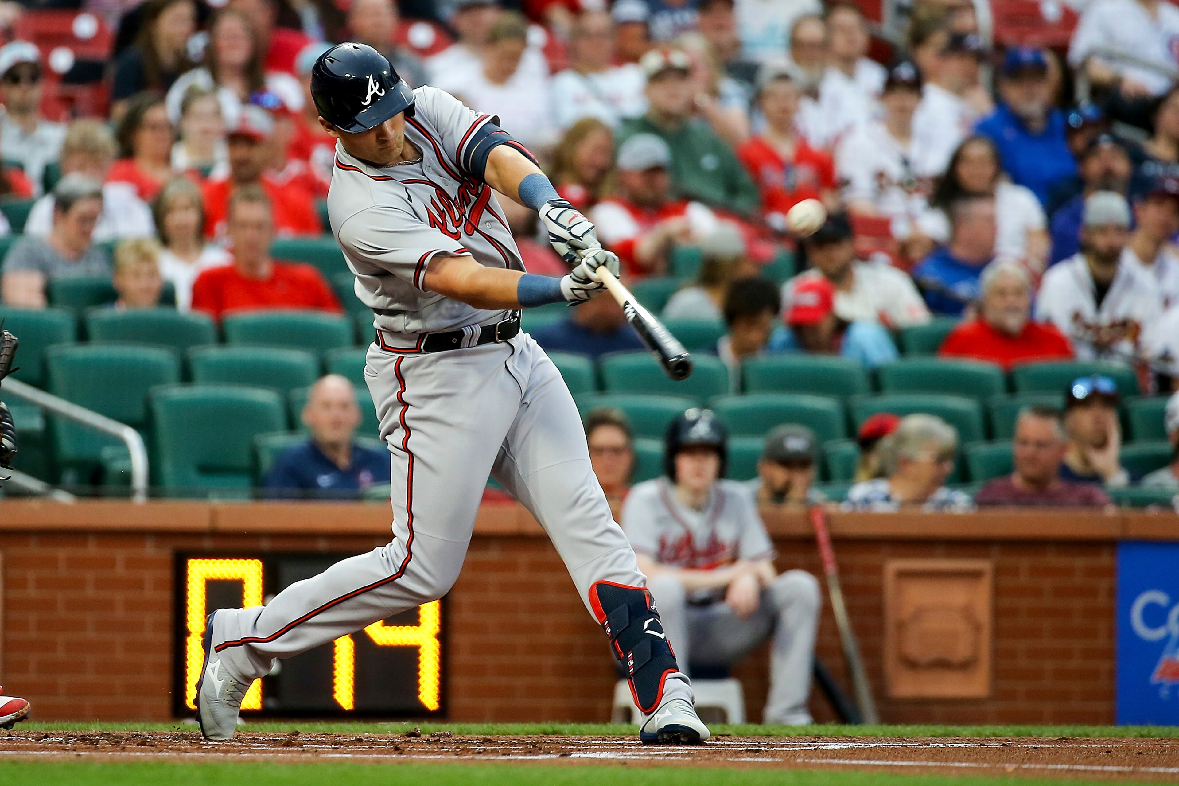 Austin Riley hits a two-run homer against the St. Louis Cardinals during the first inning of a baseball game Tuesday, April 4, 2023, in St. Louis.