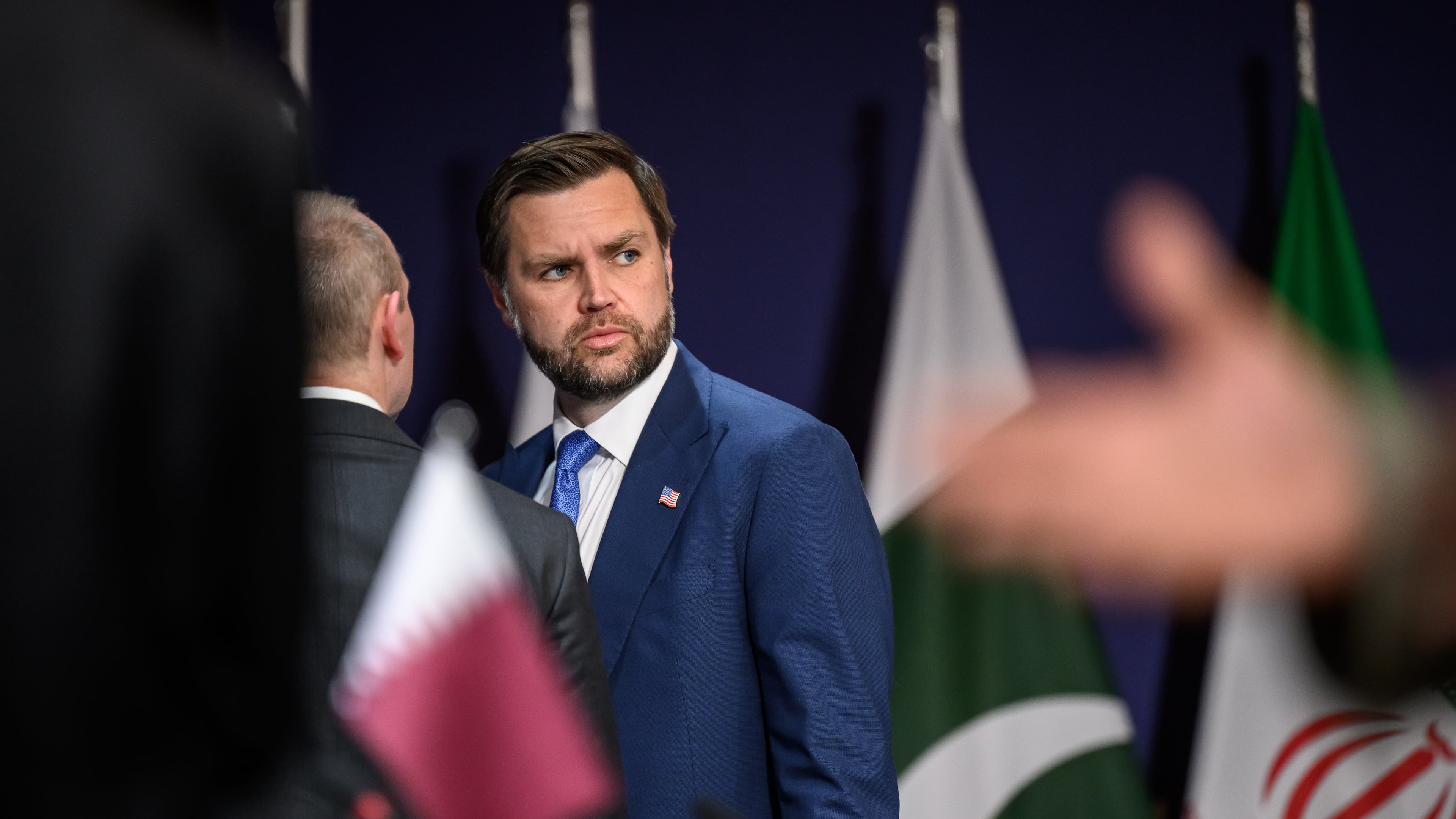US Vice President JD Vance prior to a quadrilateral meeting between the United States, Iran, Pakistan and Qatar at the Burgenstock luxury hotel complex overlooking Lake Lucerne, Switzerland, Sunday June 21, 2026. (Fabrice Coffrini/Keystone via AP)