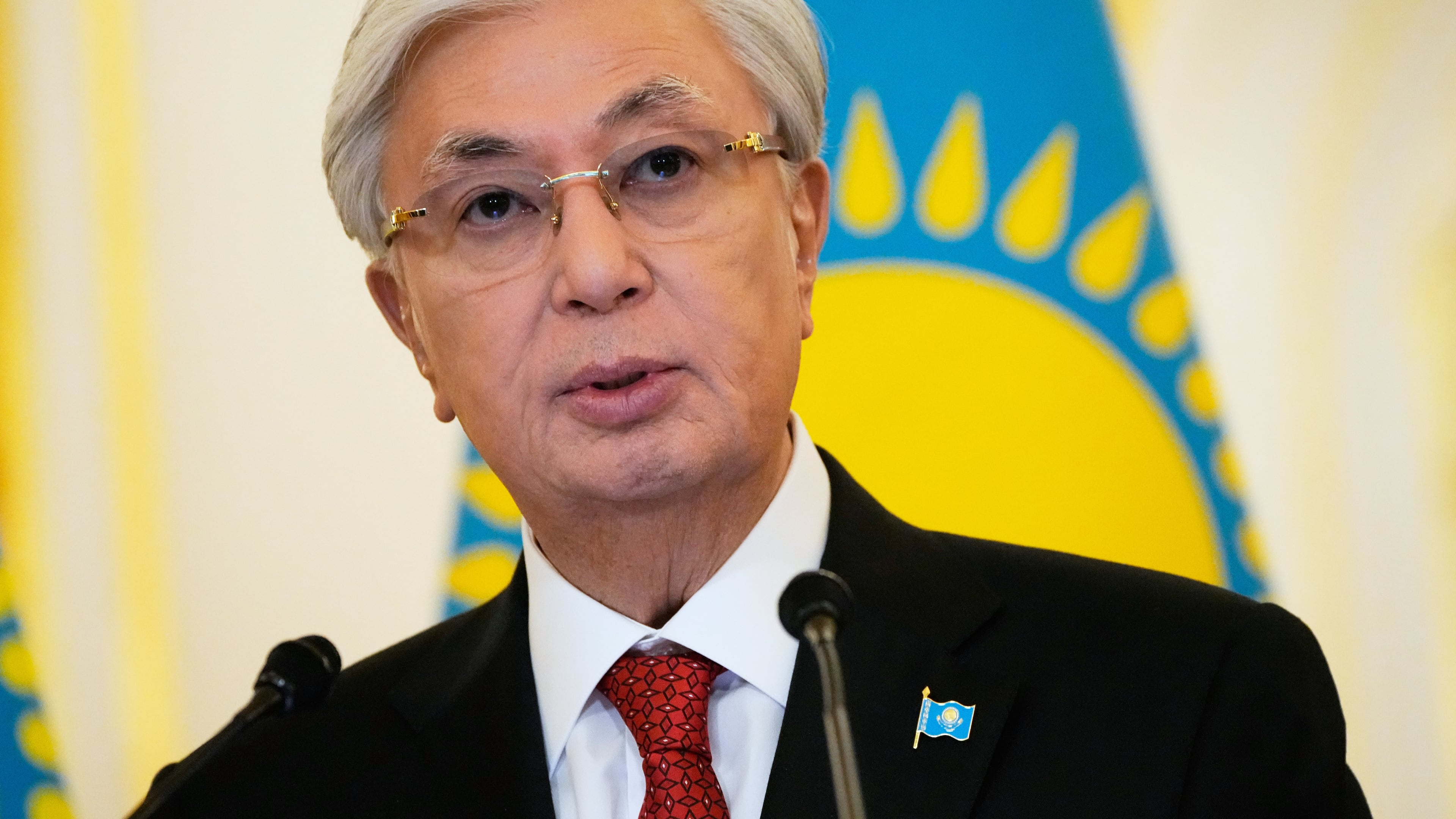 FILE - Kazakhstan's President Kassym-Jomart Tokayev addresses the plenary session of the Russia–Kazakhstan Interregional Cooperation Forum in Uralsk, Kazakhstan, via videoconference during a meeting with Russia's President Vladimir Putin at the Grand Kremlin Palace in Moscow, on Nov. 12, 2025. (AP Photo/Alexander Zemlianichenko, File)
