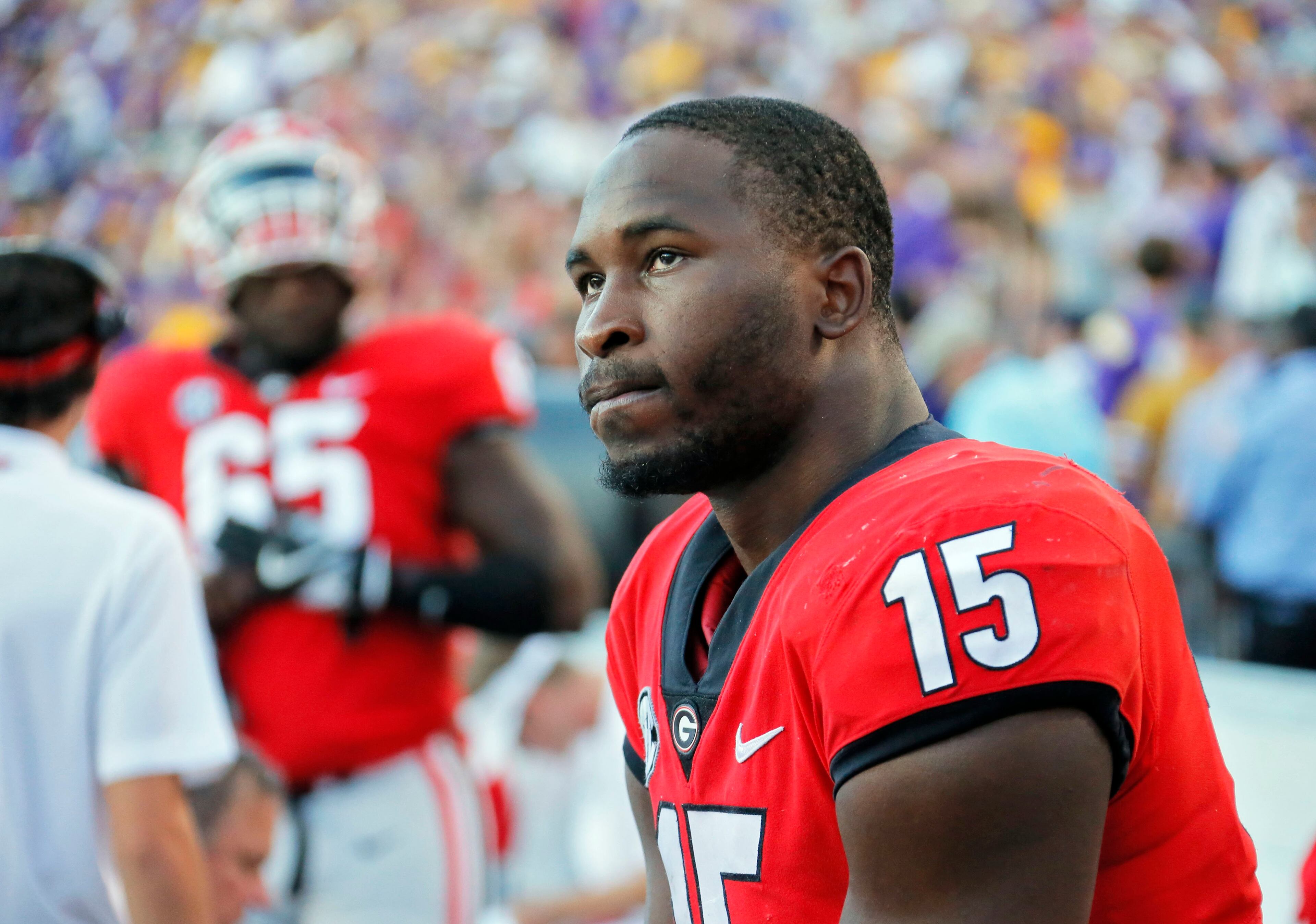 10/13/18 - Baton Rouge - Georgia Bulldogs linebacker D'Andre Walker (15) watches the clock tick down on Georgia's loss. He was injured late in the 4th quarter. The Tigers won 36-16. The University of Georgia Bulldogs played the Louisiana State University Tigers in a NCAA college football game Saturday, October 13, 2018, at Tiger Stadium in Baton Rouge, LA. BOB ANDRES / BANDRES@AJC.COM