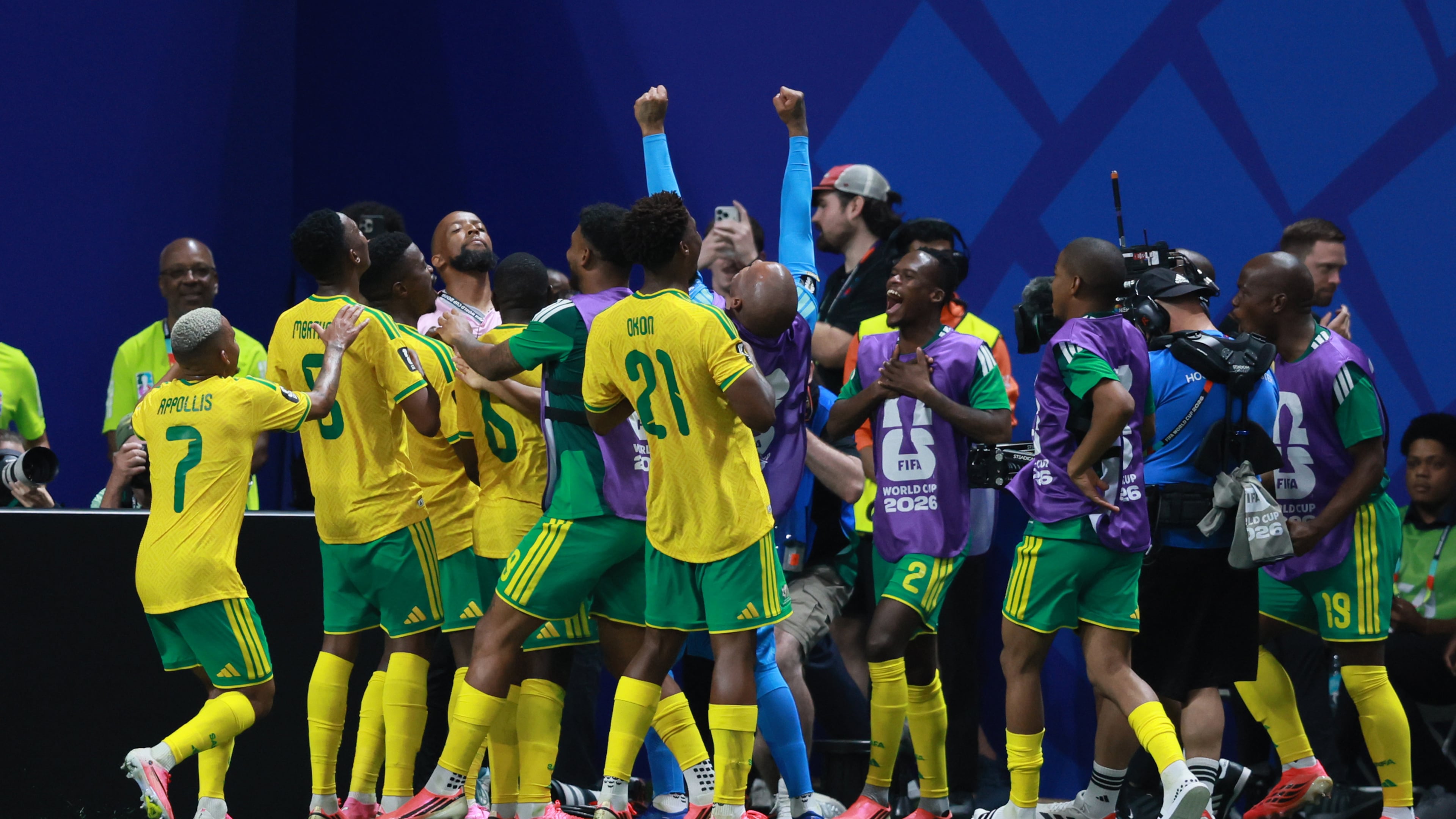 South Africa players celebrate Teboho Mokoena tying the game with a penalty kick during the second half against Czechia in the World Cup at Atlanta Stadium on Thursday, June 18, 2026. (Jason Getz/AJC)