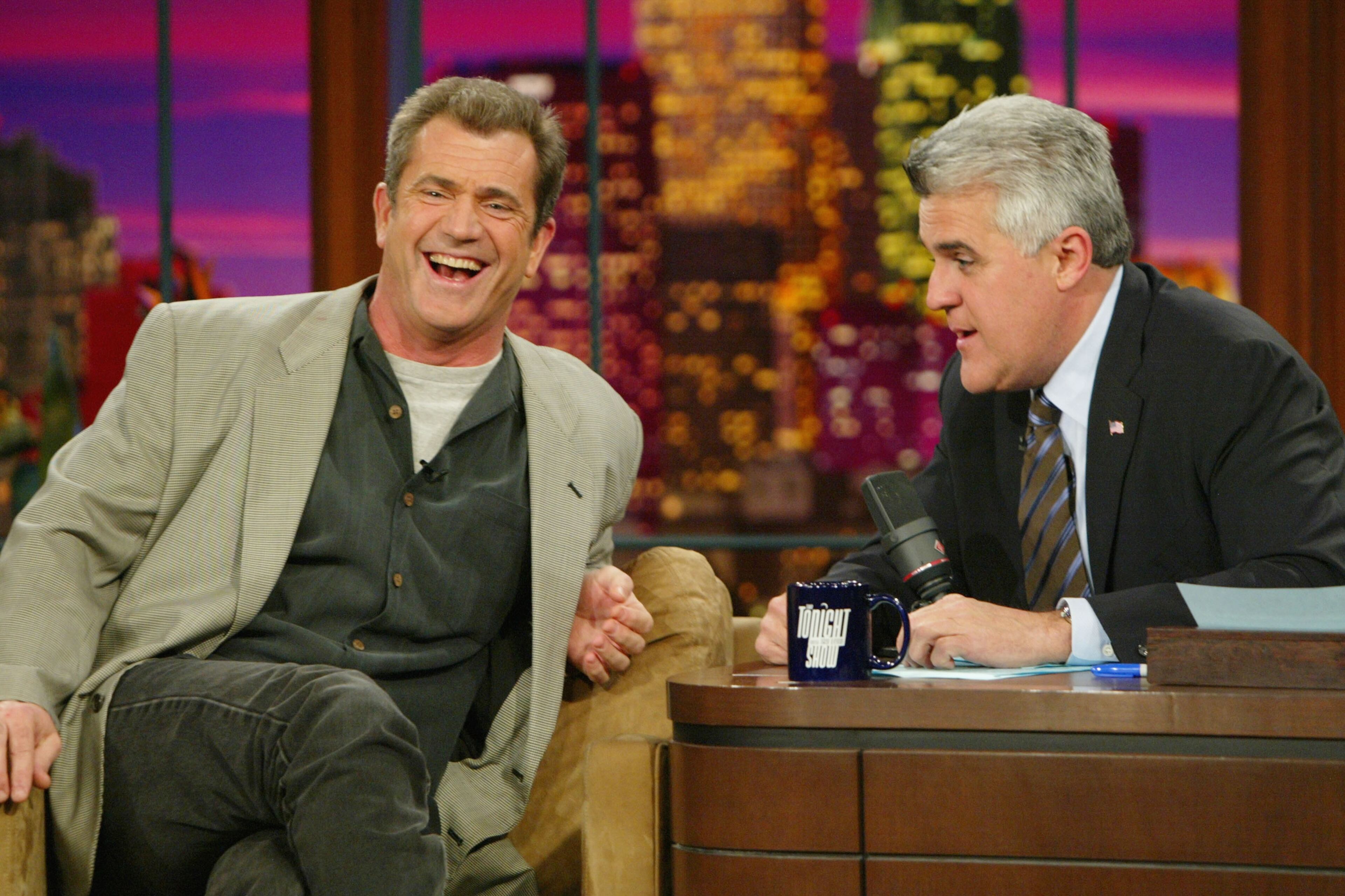 BURBANK, CA - FEBRUARY 26: Actor Mel Gibson talks about his new movie "The Passion of The Christ" with Jay Leno at the Tonight Show with Jay Leno at NBC Studios on February 26, 2004 in Burbank California. (Photo by Kevin Winter/Getty Images)