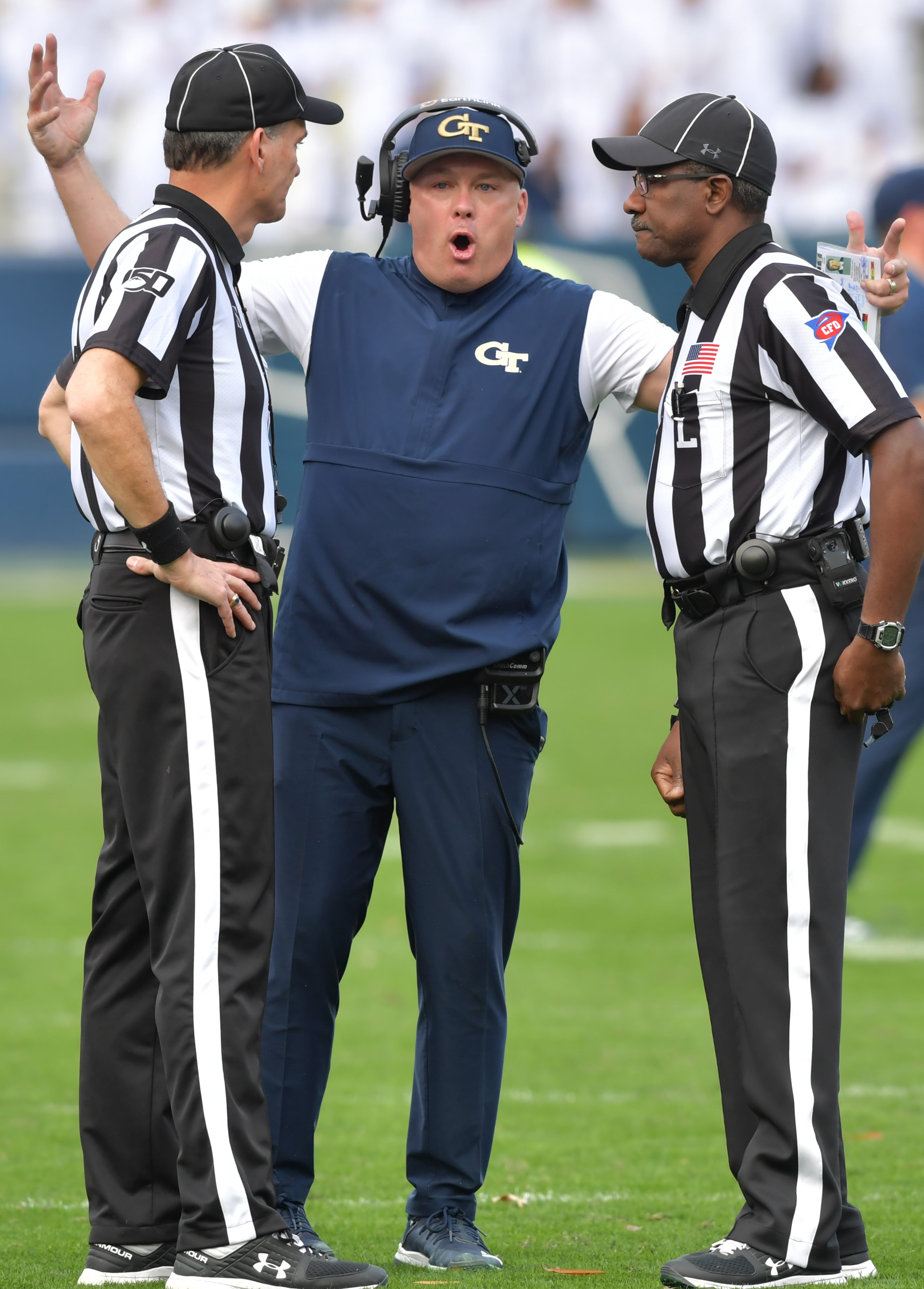 Georgia Tech head coach Geoff Collins appeals to referees during the second half of an NCAA college football game at Bobby Dodd Stadium on Saturday, November 30, 2019. Georgia won 52-7 over the Georgia Tech. (Hyosub Shin / Hyosub.Shin@ajc.com)