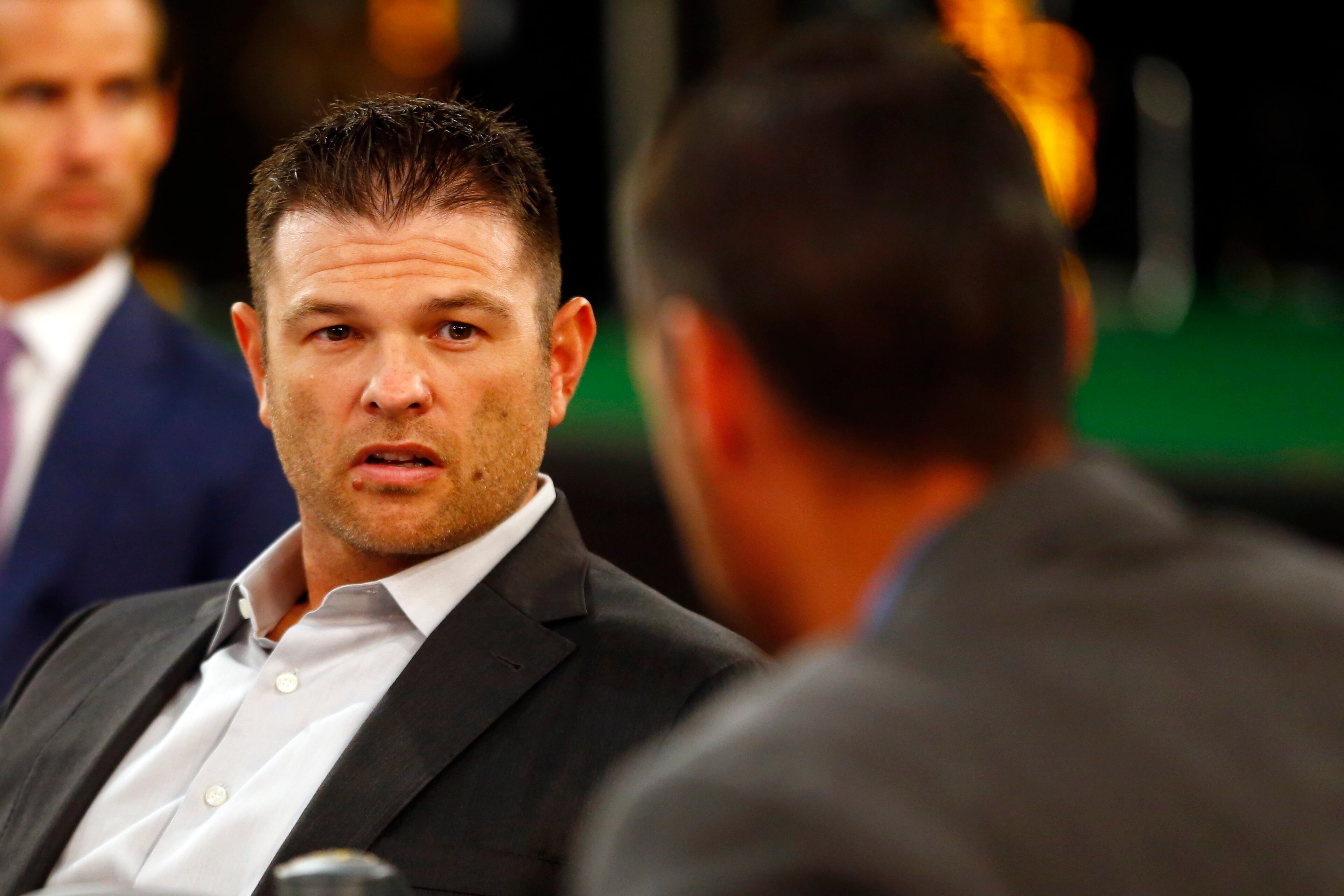 Former professional baseball players Freddy Sanchez, left, and Ryan Ludwick converse prior to the Major League Baseball draft, Thursday, June 9, 2016, in Secaucus, N.J. (AP Photo/Julio Cortez)