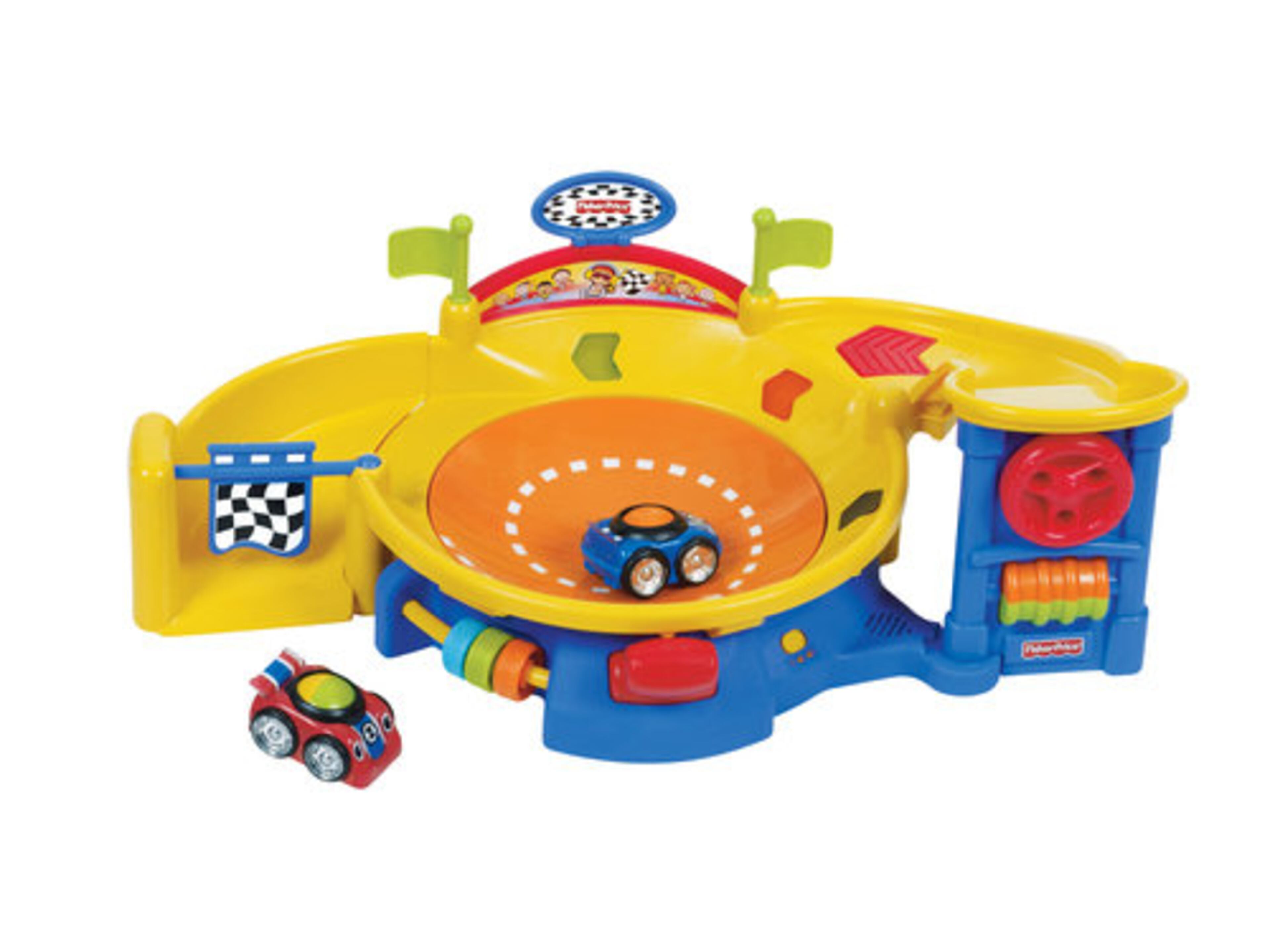 From rattling cars and zooming speedway sounds to lively music and flashing lights, little ones will stay captivated by Lil' Zoomers Spinnin' Sounds Speedway from Fisher-Price, a fast-moving miniature racetrack. Kids can make the easy-to-grasp, shake-and-roll cars travel down a ramp and into a light-up raceway. The first car to zip under the spinning flag wins this wacky race. 4 "C" batteries required (not included). Ages 6 months and up.