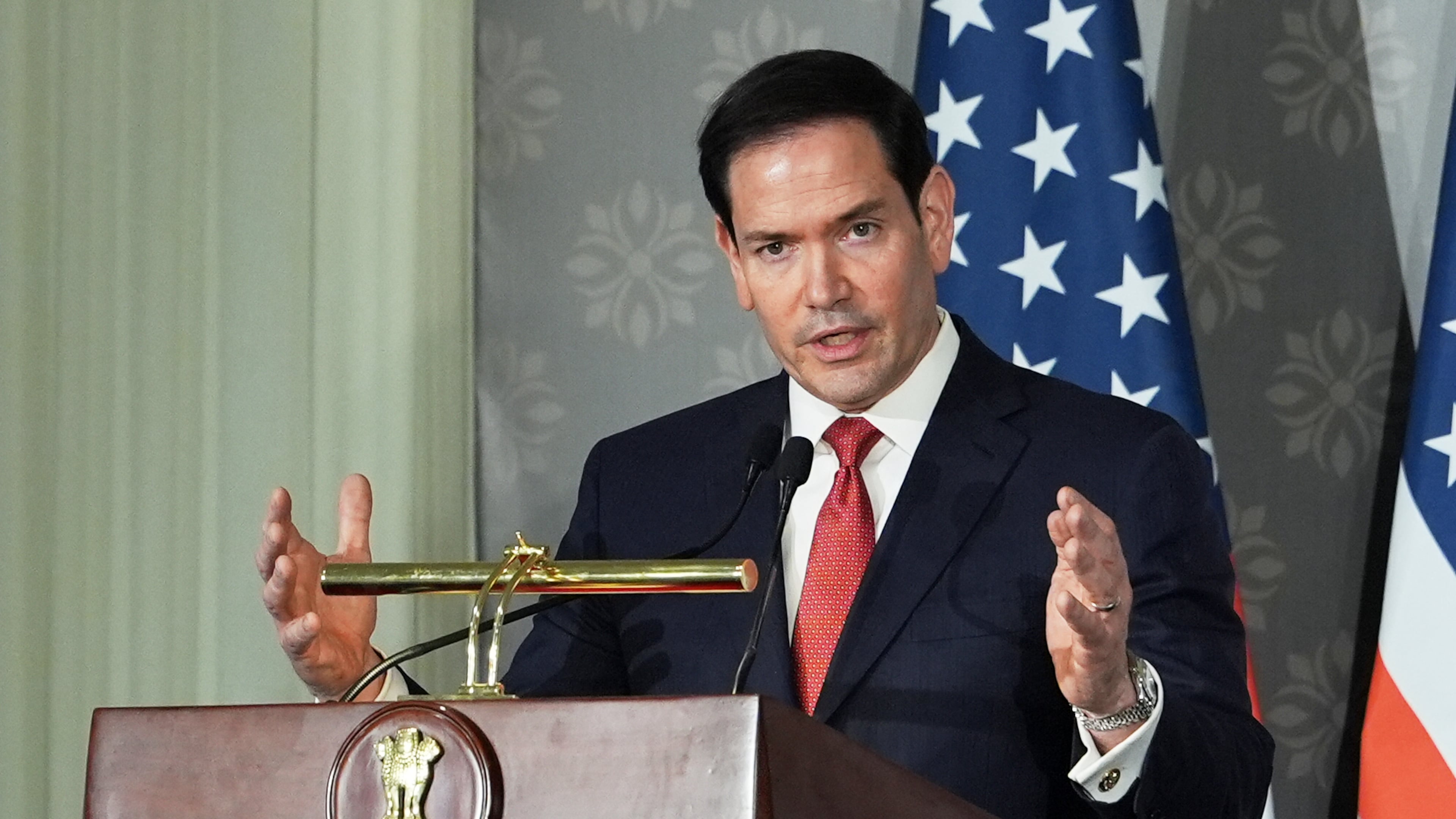 United States Secretary of State Marco Rubio speaks at a joint presser with India's Minister of External Affairs S. Jaishankar, unseen, following their talks in New Delhi, India, Sunday, May 24, 2026. (AP Photo/Julia Demaree Nikhinson, Pool)