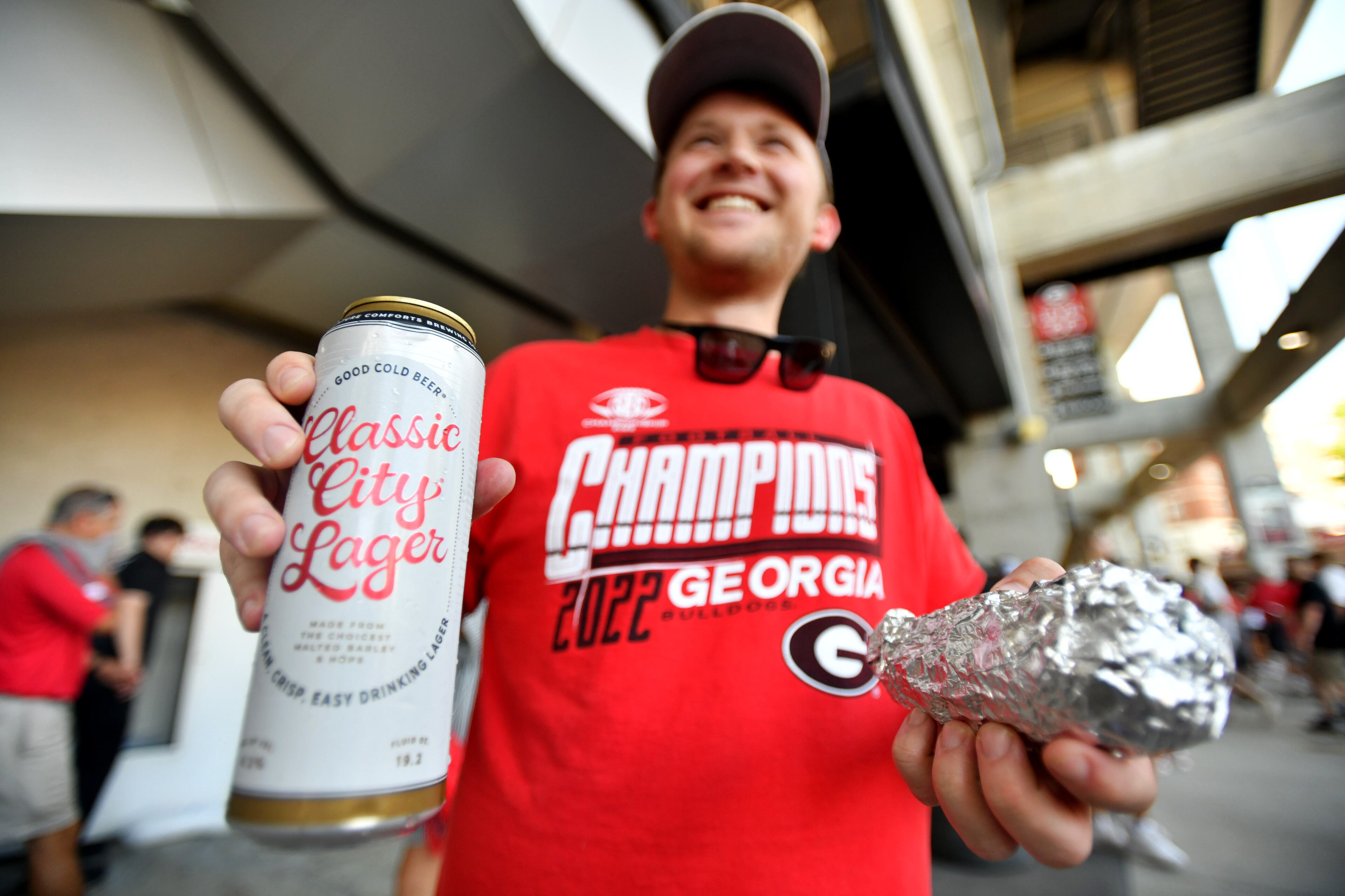 Nick Ganltney holds his bear before Georgia’s home opener against Tennessee Tech at Sanford Stadium, Saturday, September 9, 2024, in Athens. (Hyosub Shin / AJC)