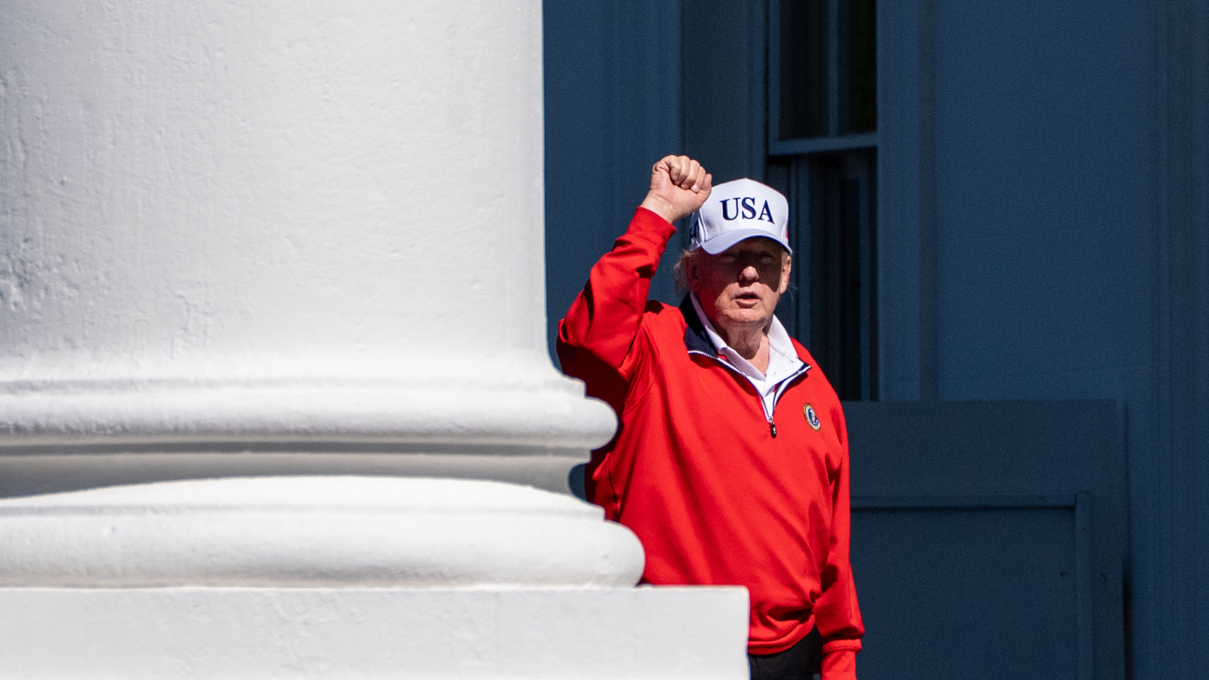 President Donald Trump pumps his fist as he arrives at the White House, Sunday, May 31, 2026, in Washington. (AP Photo/Alex Brandon)