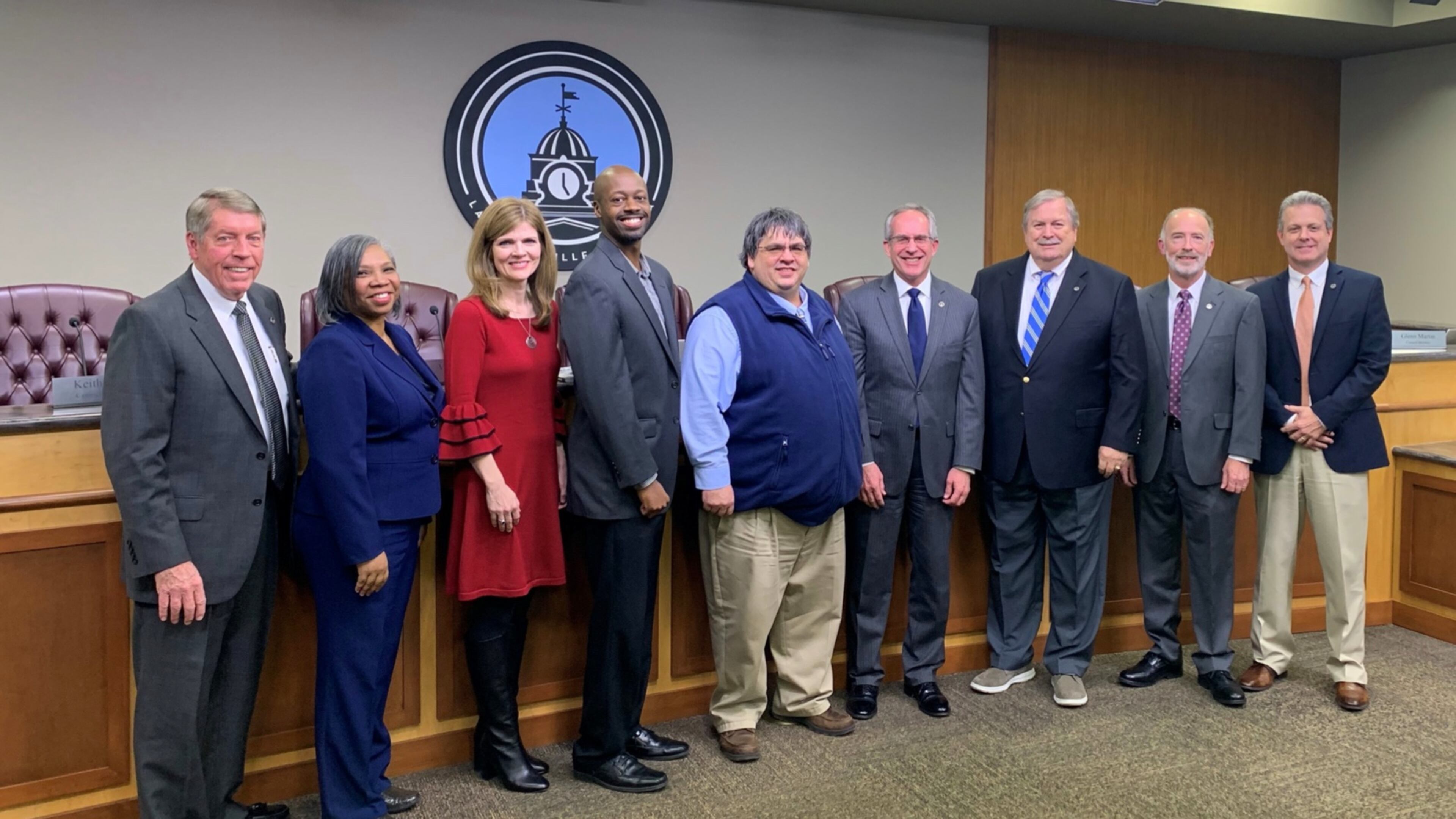 Lawrenceville City Council members present the “Distinguished Budget Presentation Award” to representatives from the Finance and Communications Departments. L-R: Councilman Keith Roche, Councilwoman Victoria Jones, Melissa Hardegree, Manager of Marketing & Tourism; Derrick Turner, Budget Analyst; Keith Lee, Director of Finance; Mayor David Still; Councilman Bob Clark, Councilman Glenn Martin, and Chuck Warbington, City Manager. (Courtesy City of Lawrenceville)
