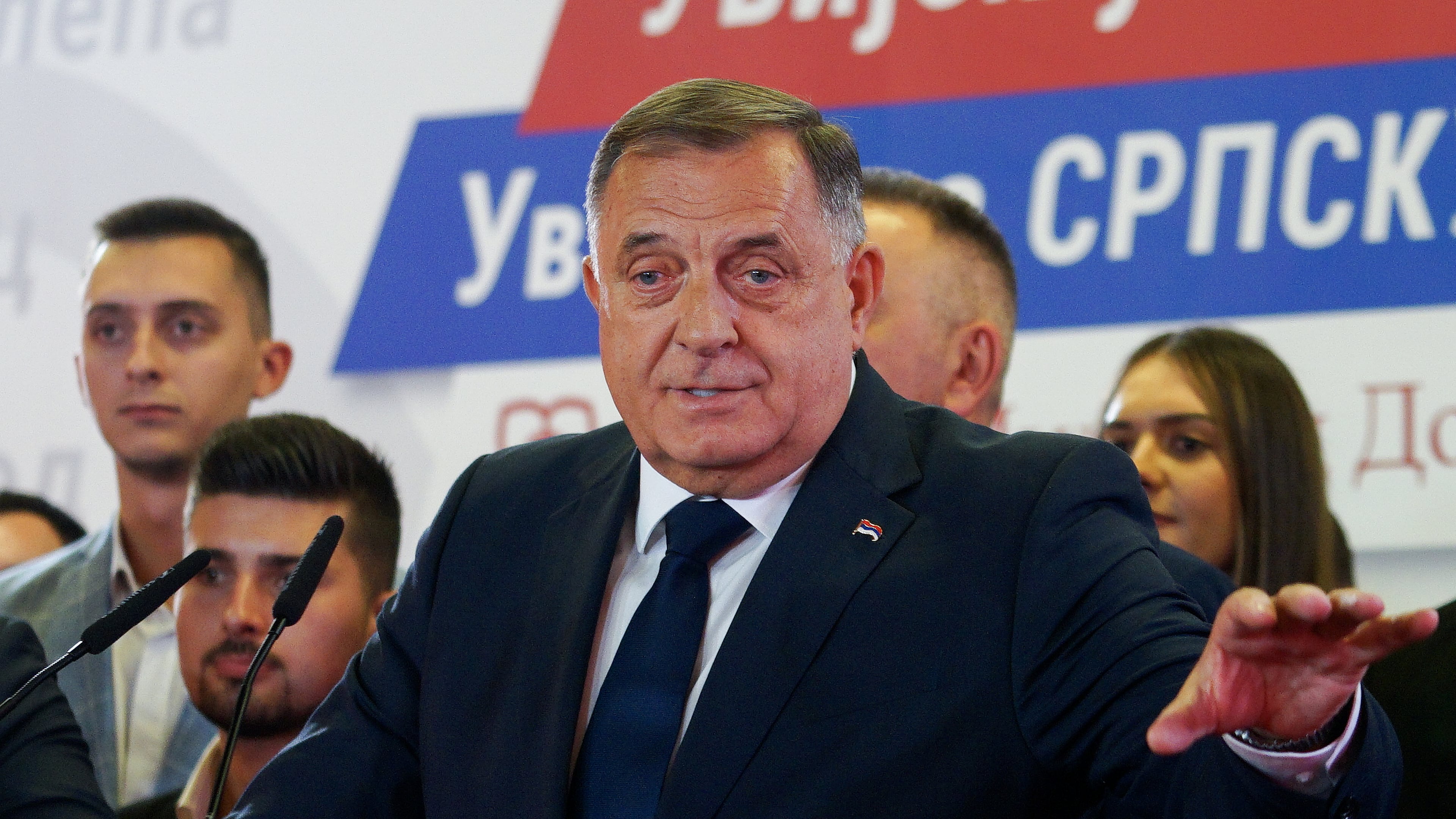 Leader of the Alliance of Independent Social Democrats (SNSD), Milorad Dodik, speaks during a news conference following the publication of general election results, in Banja Luka, Bosnia, Sunday, Oct. 4, 2026. (AP Photo/Radivoje Pavicic)