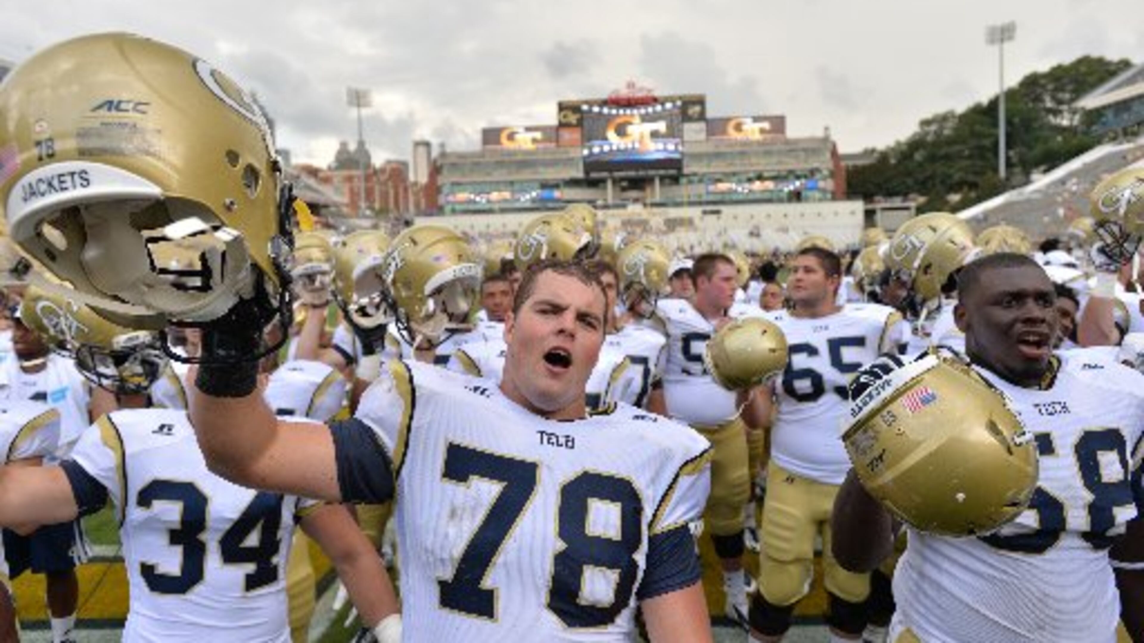 Former Georgia Tech guard Trey Braun (No. 78) started 34 games for the Yellow Jackets and helped Tech to a win in the 2014 Orange Bowl. (AJC photo by Hyosub Shin)