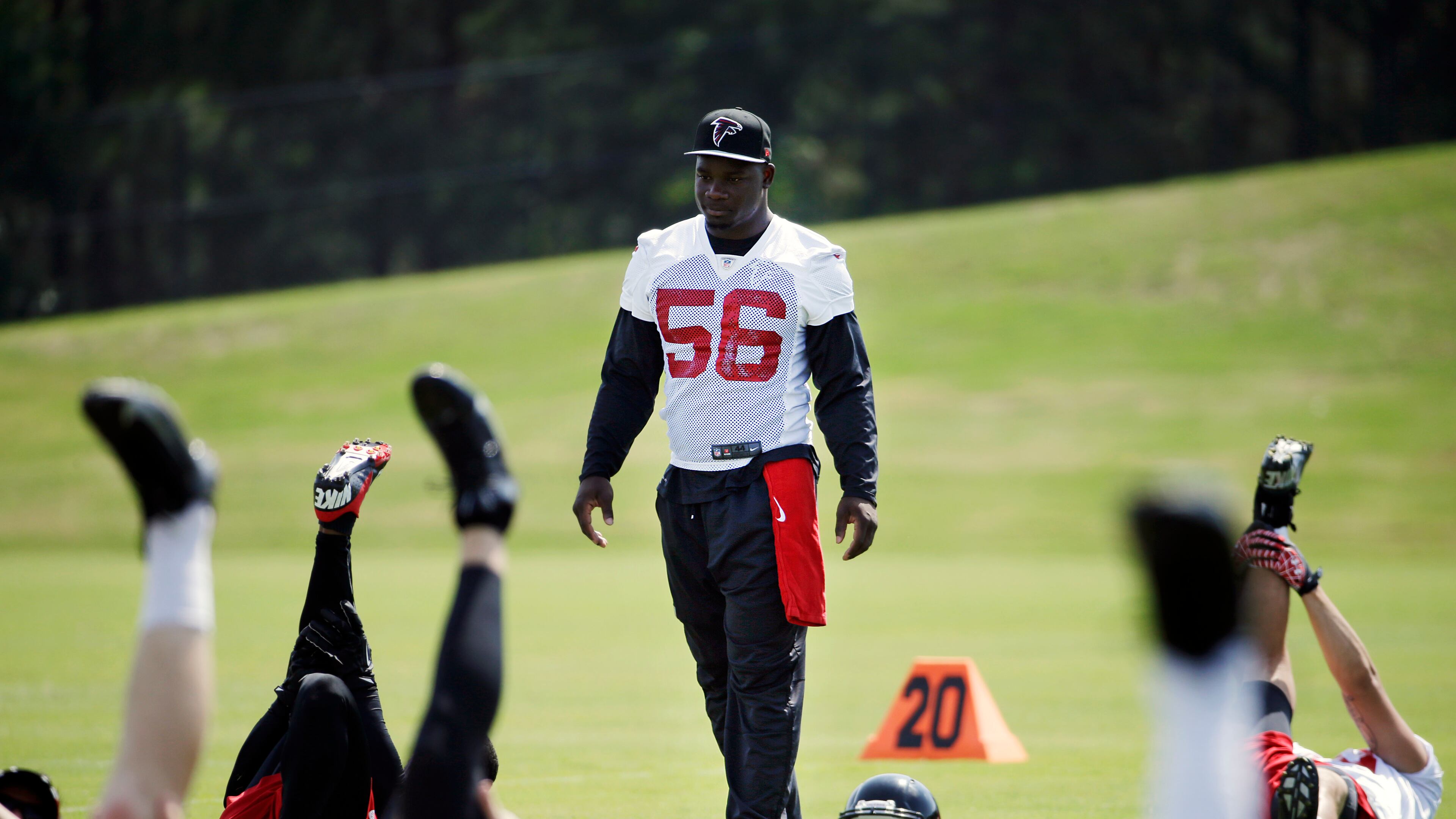 Atlanta Falcons outside linebacker Sean Weatherspoon walks on the field during an NFL football organized team activity, Wednesday, June 4, 2014, in Flowery Branch, Ga. (AP Photo/David Goldman) Sean Weatherspoon, who had been working his way back from previous injuries, is lost for the 2014 season. (AP photo)