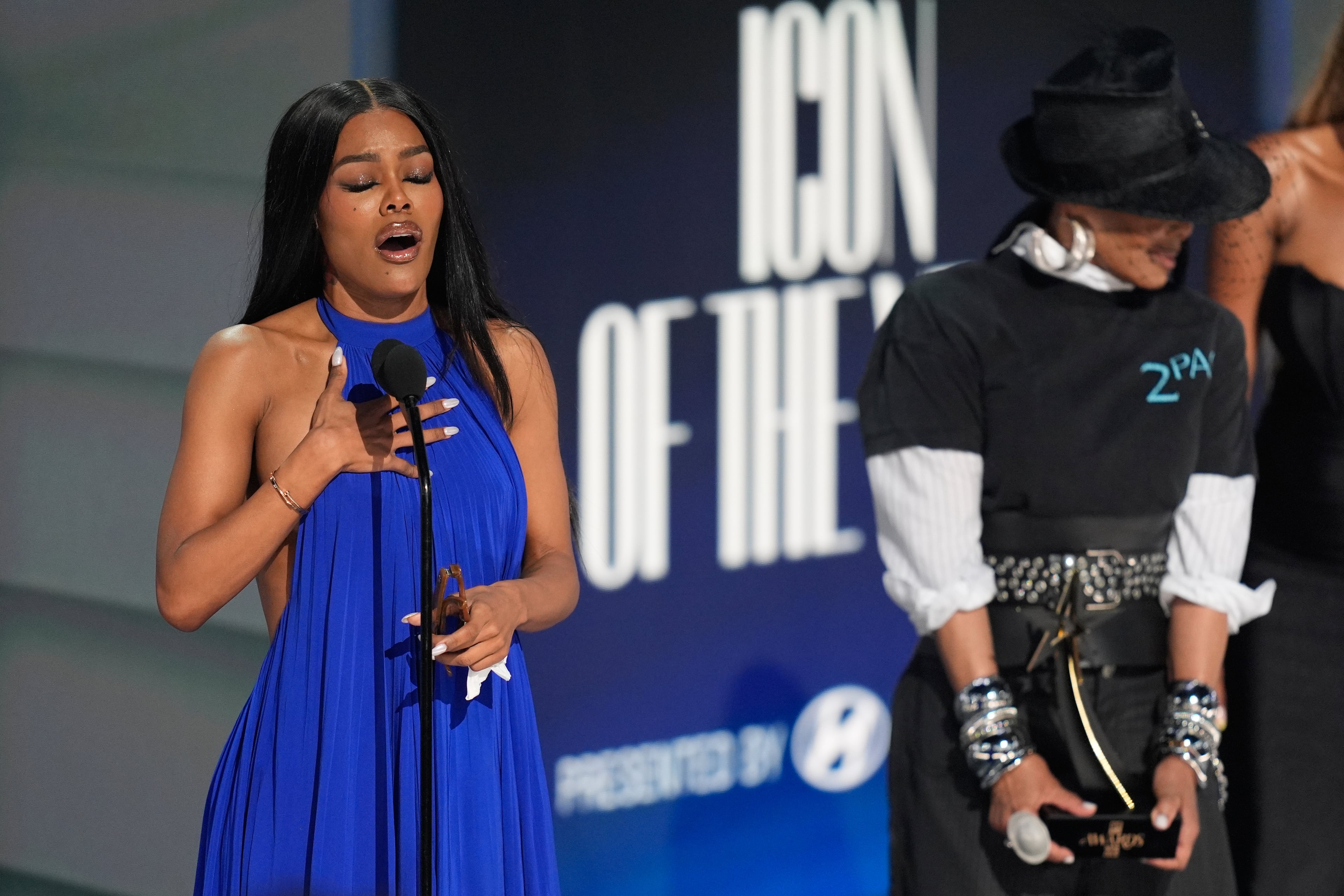 Teyana Taylor accepts the Icon of the Year Award during the BET Awards on June 28, 2026, at the Peacock Theater in Los Angeles. (John Locher/AP)