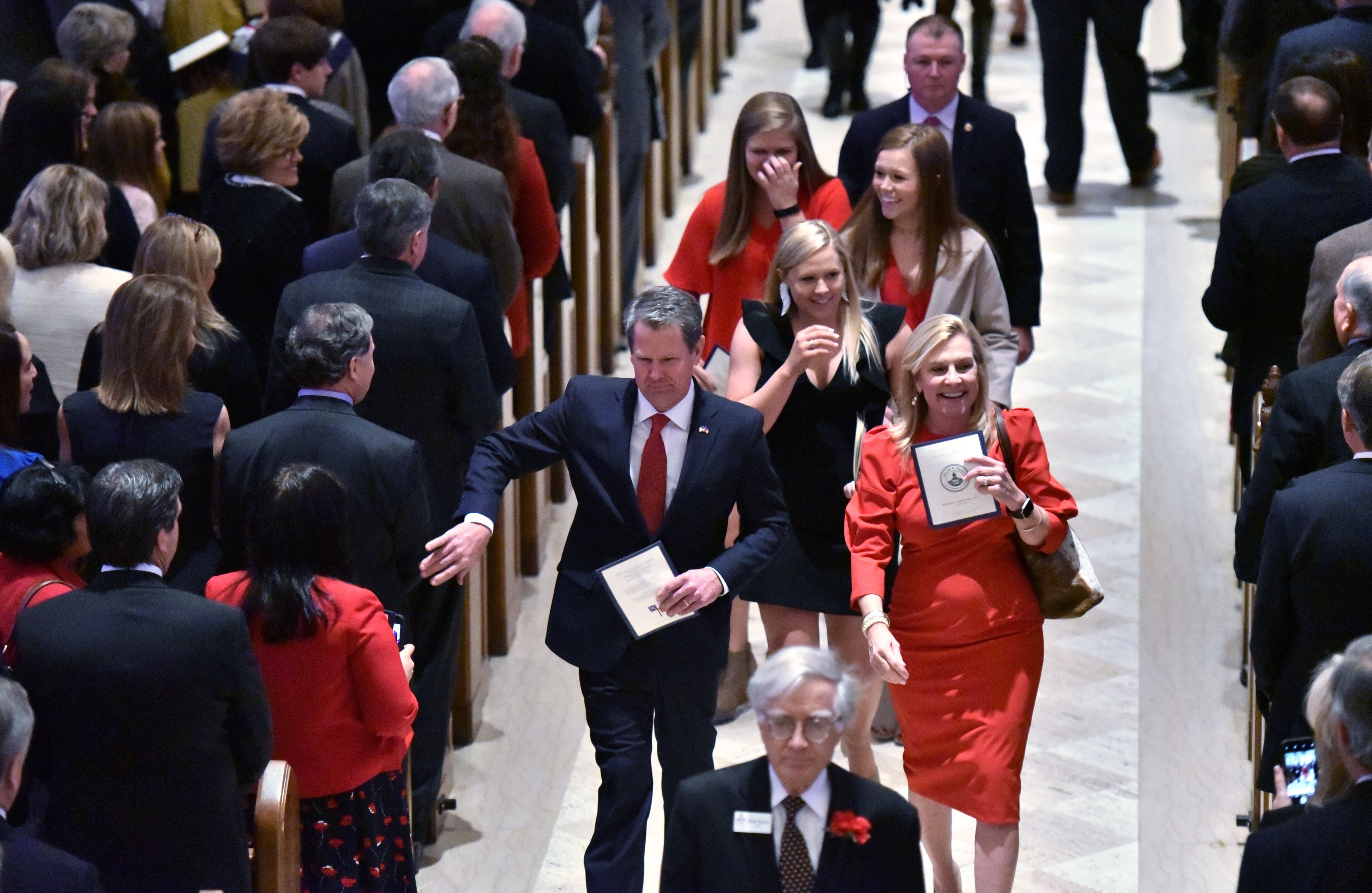 January 14, 2019 Atlanta - Governor-Elect Brian Kemp leaves with wife Marty Kemp and daughters Jarrett, Lucy, and Amy Porter after the inauguration day prayer service at The Cathedral of St. Philip at The Cathedral of St. Philip on Monday, January 14, 2019. HYOSUB SHIN / HSHIN@AJC.COM