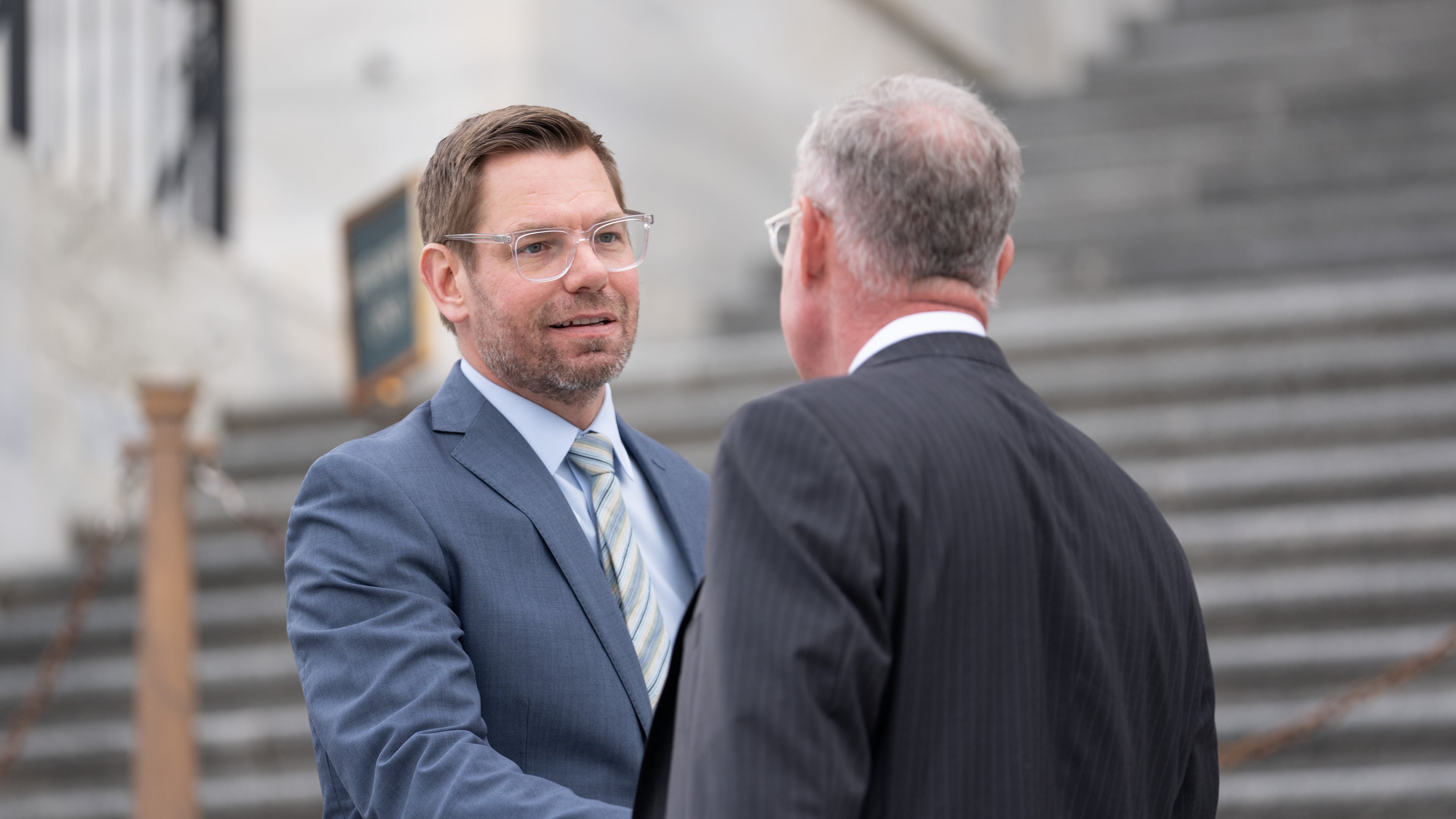 Rep. Eric Swalwell, D-Calif., departs following votes at the Capitol, Thursday, March 5, 2026, in Washington. (AP Photo/Allison Robbert)