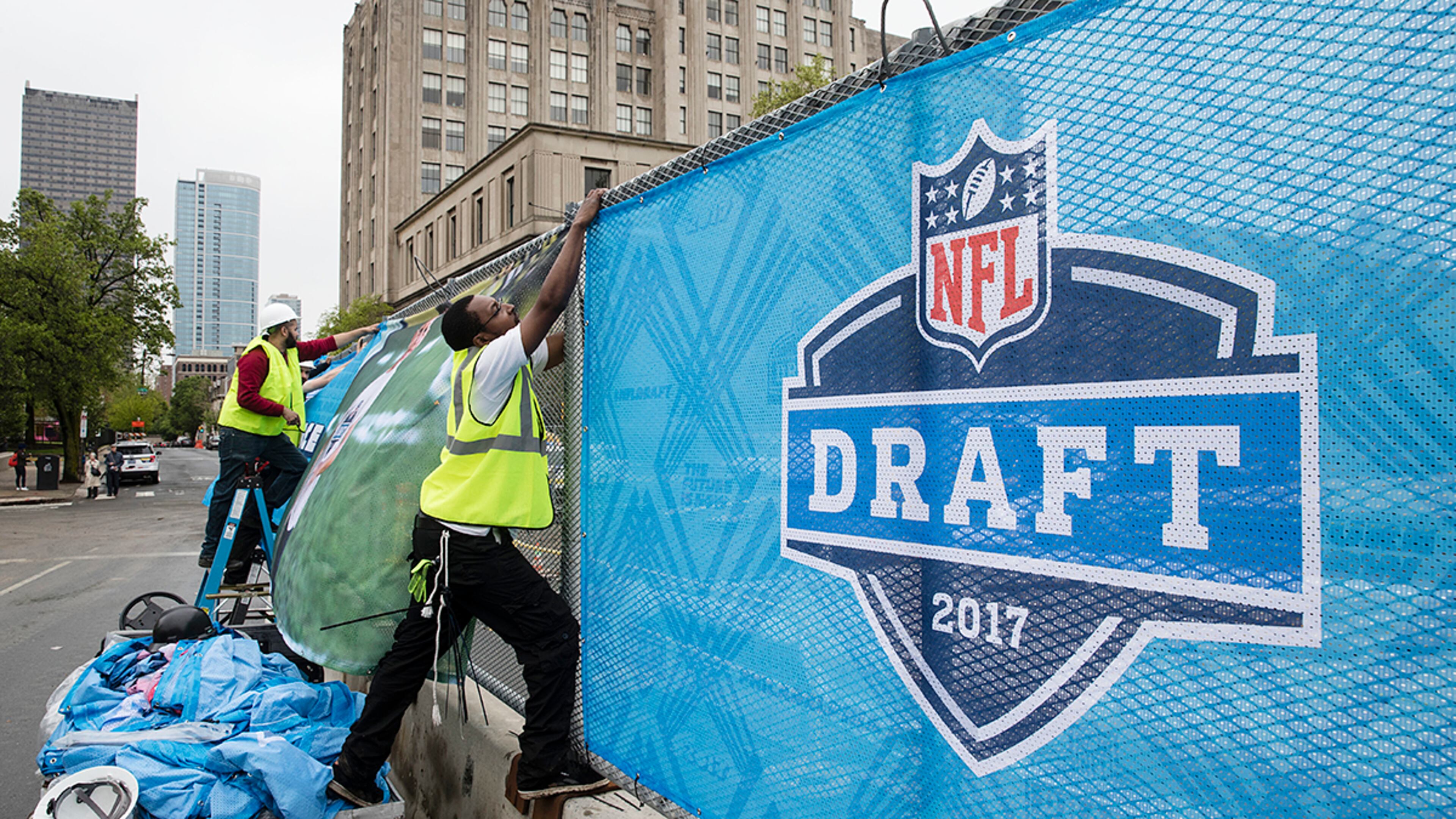 Workers make preparations ahead of the 2017 NFL football draft, in Philadelphia, Wednesday, April 26, 2017. (AP Photo/Matt Rourke)