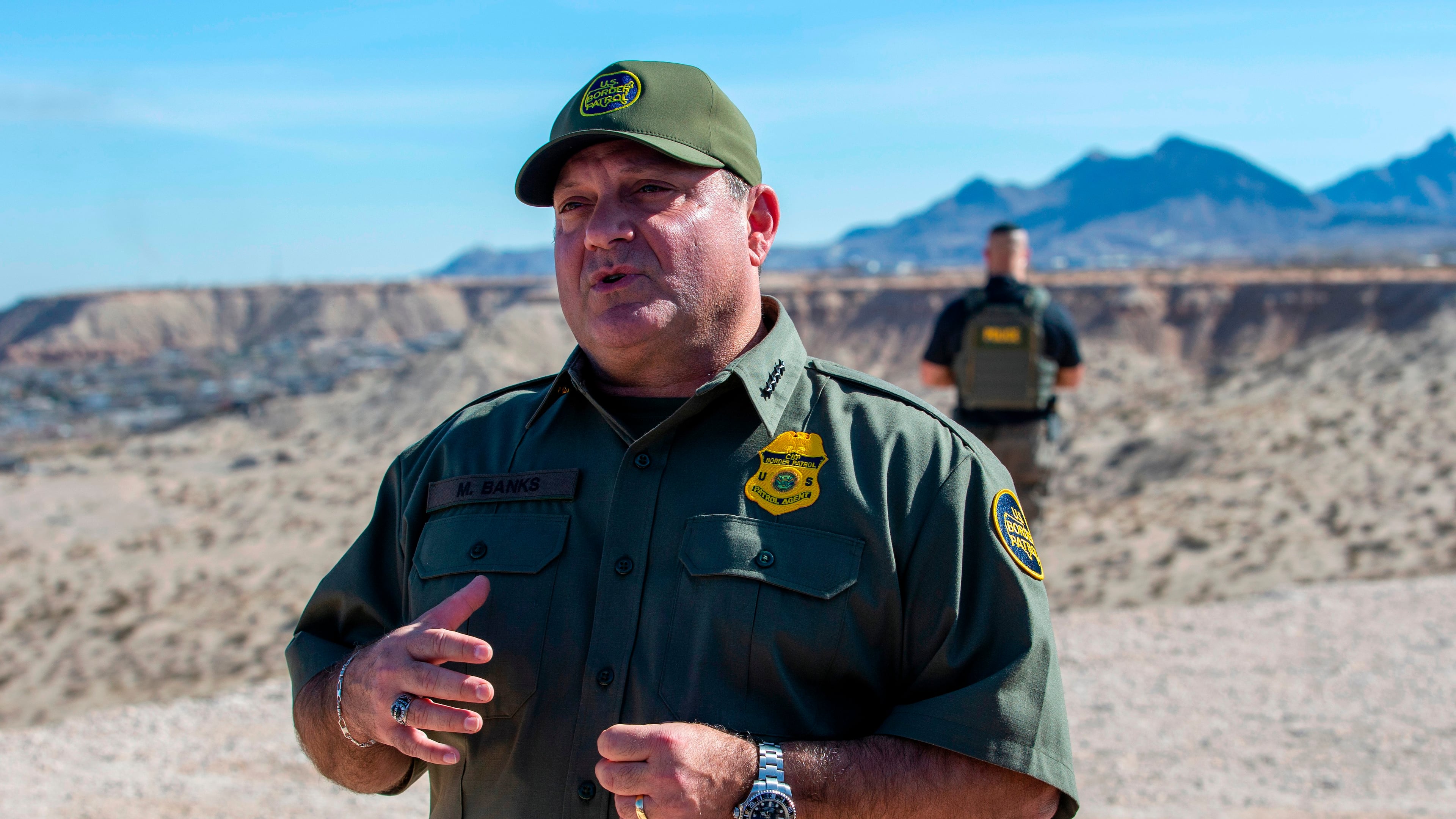 FILE - Border Patrol Chief Michael Banks speaks to reporters during the visit to the US-Mexico border by Defense Secretary Pete Hegseth in Sunland Park, N.M., Feb. 3, 2025. (AP Photo/Andres Leighton, File)